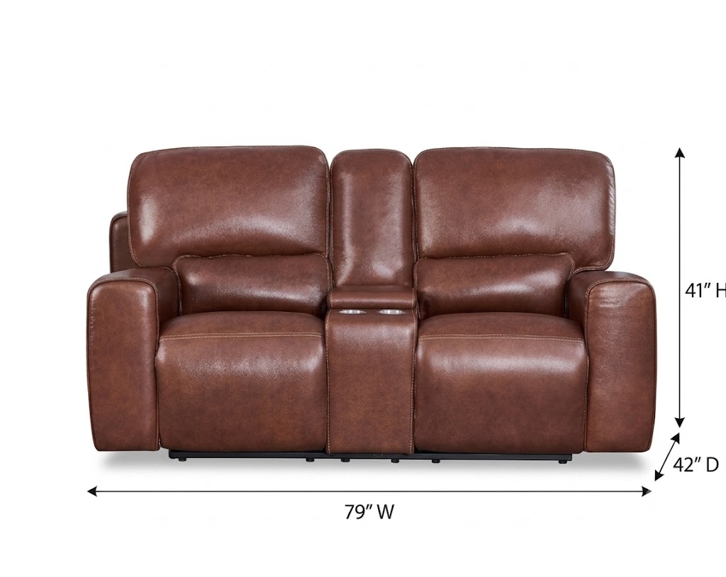 Broadway Brown Leather 79" Lay Flat Power Reclining Console Loveseat with Power Headrest and USB Charging