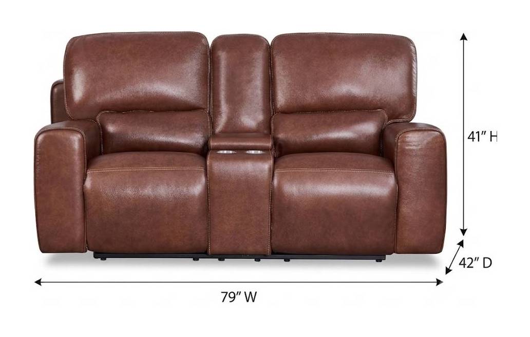 Broadway Brown Leather 79" Lay Flat Power Reclining Console Loveseat with Power Headrest and USB Charging
