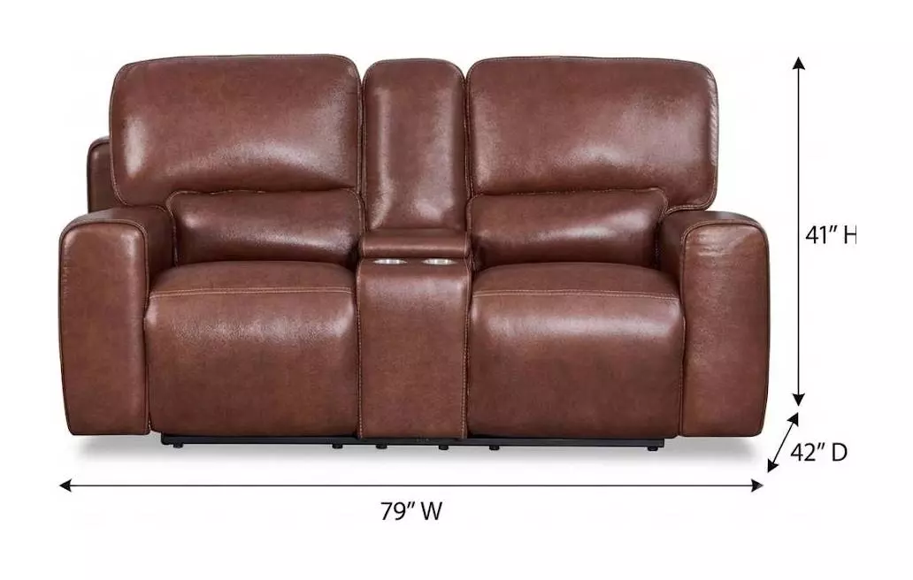 Broadway Brown Leather 79" Lay Flat Power Reclining Console Loveseat with Power Headrest and USB Charging
