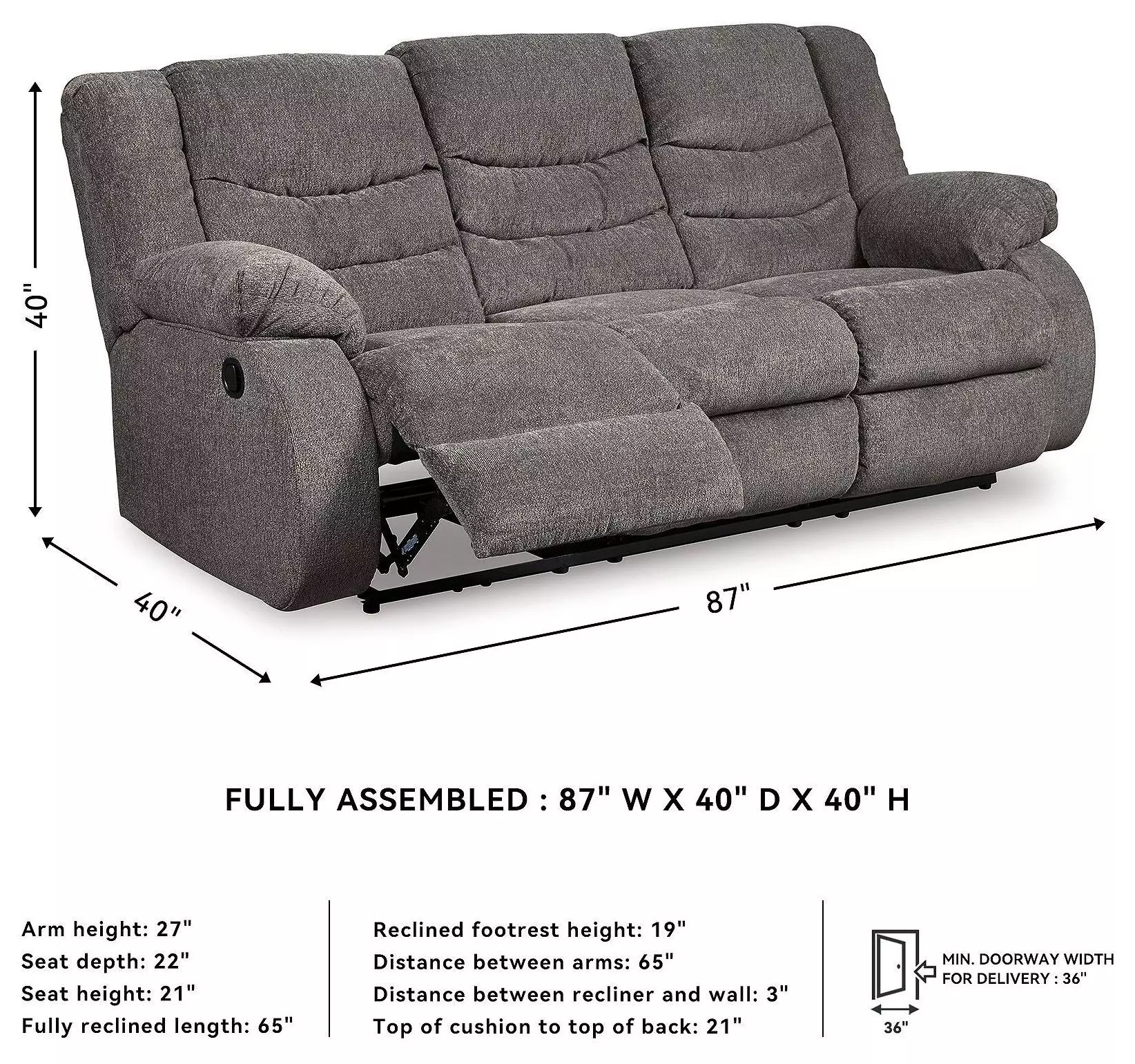 Tulen Gray 87" Reclining Sofa