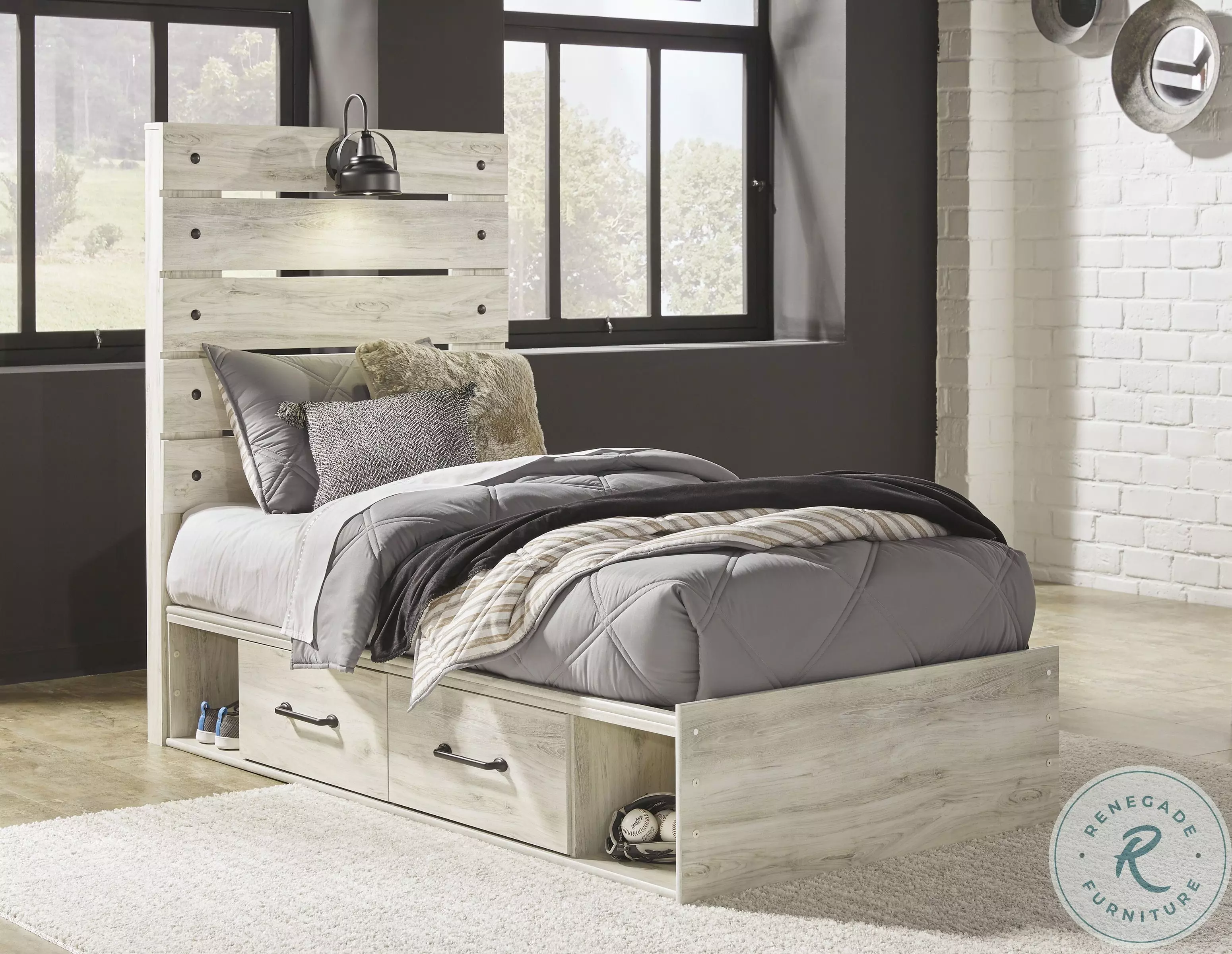 Cambeck Whitewash Twin Panel Bed with One Side Storage From Home