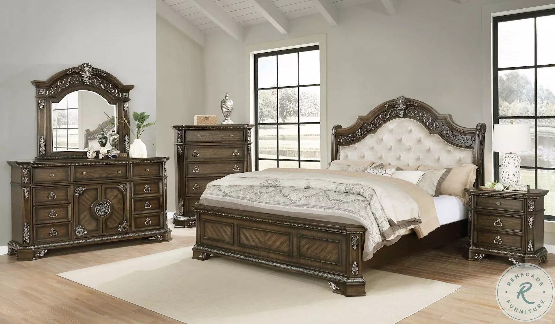 B01920 Medium Oak Queen Upholstered Sleigh Bed From Avalon