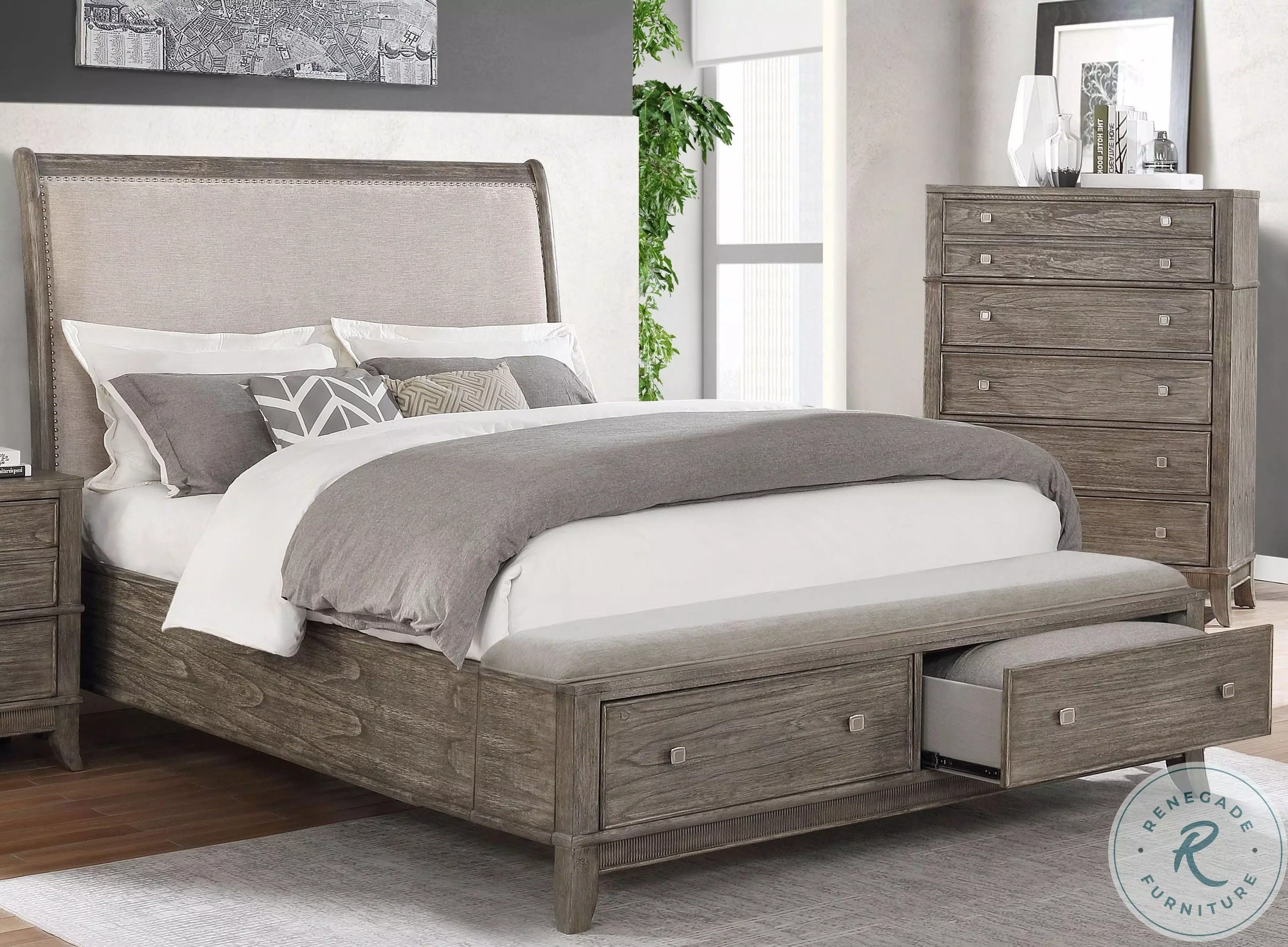 Shores Brushed Brown King Upholstered Storage Sleigh Bed with