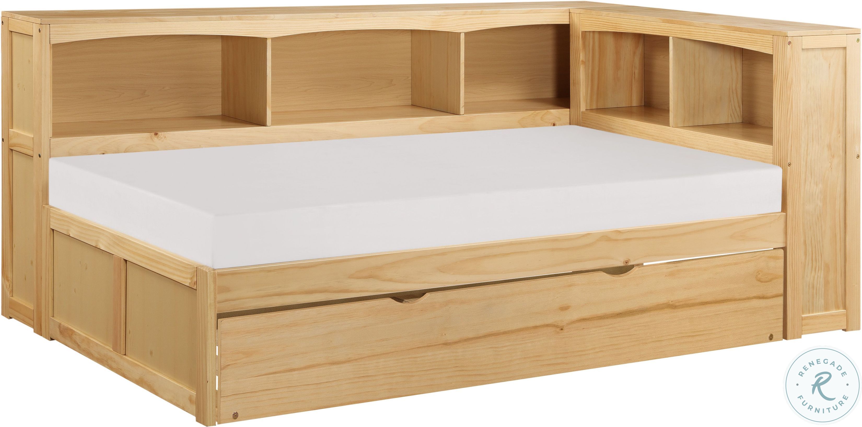 Bartly Natural Pine Twin Bookcase Corner Bed With Twin Trundle From