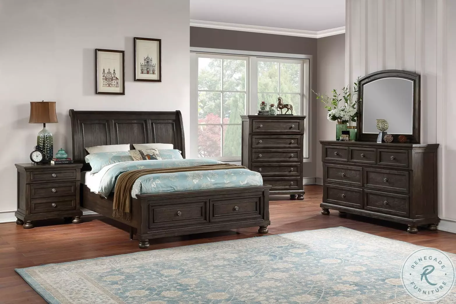 Lauren Brushed Brown Acacia Sleigh Storage Bedroom Set from Avalon
