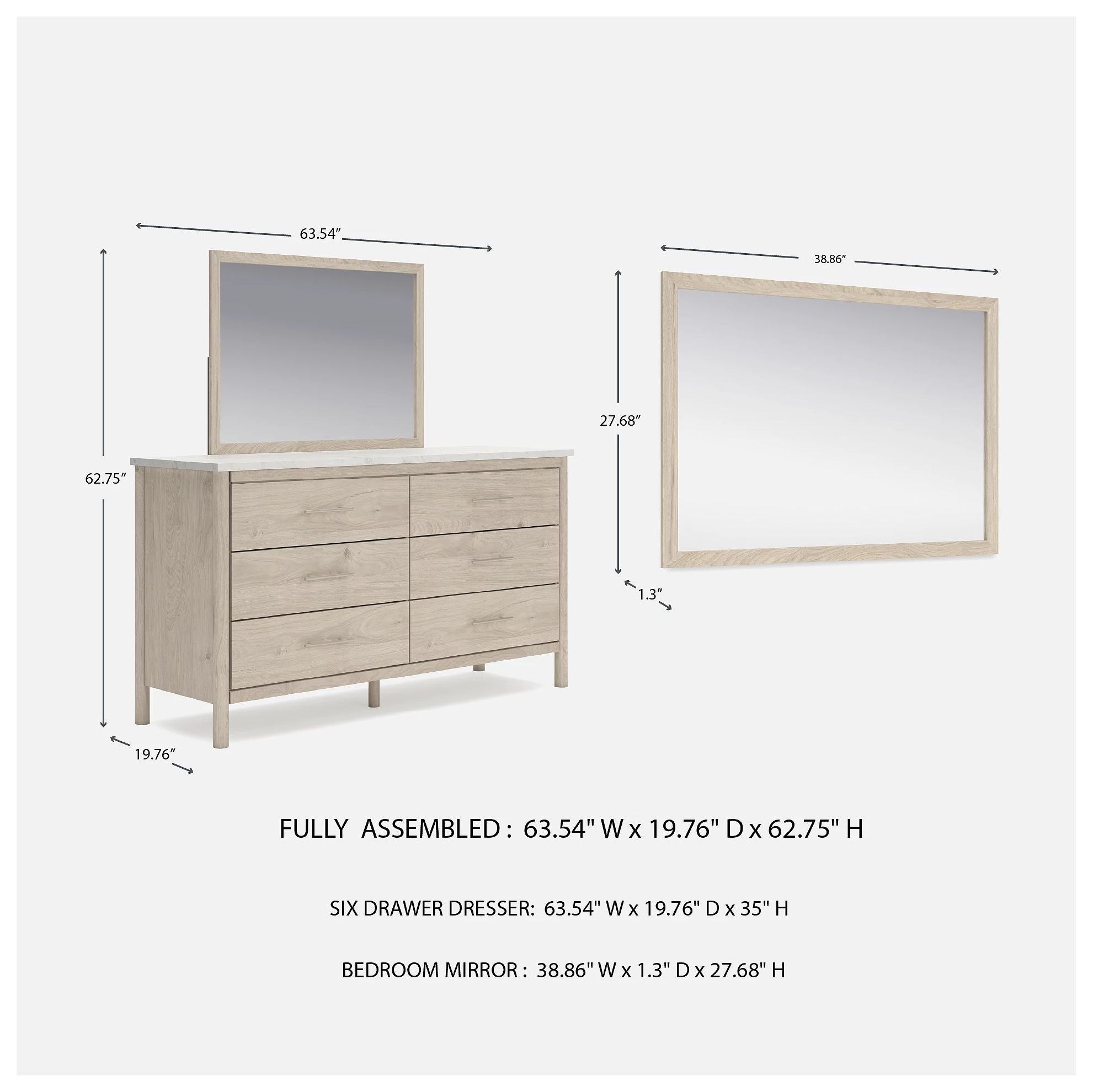 Cadmori Champagne and White 6 Drawer Marble Top Dresser and Rectangular Mirror