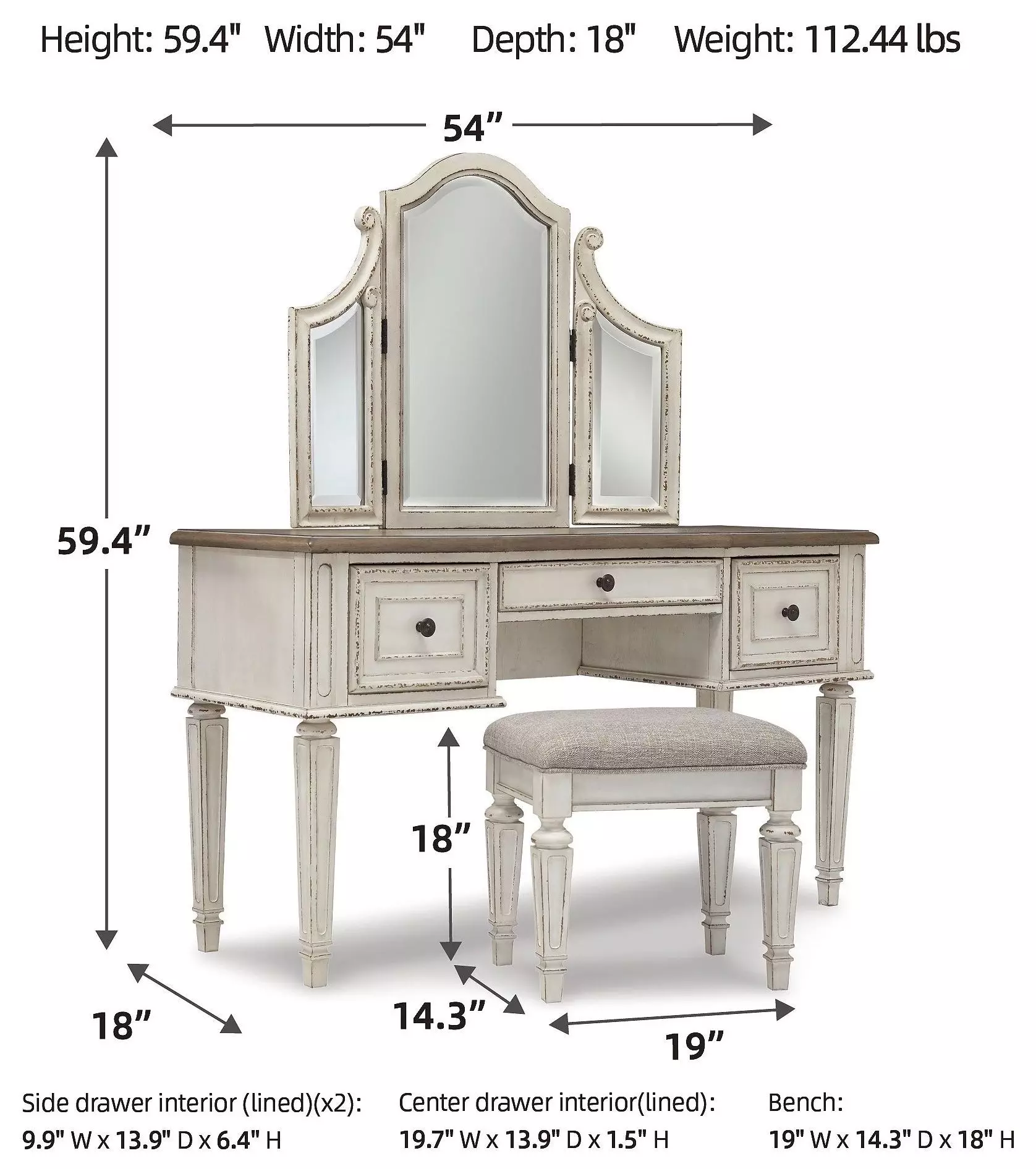 Realyn Chipped White Vanity with Mirror and Stool