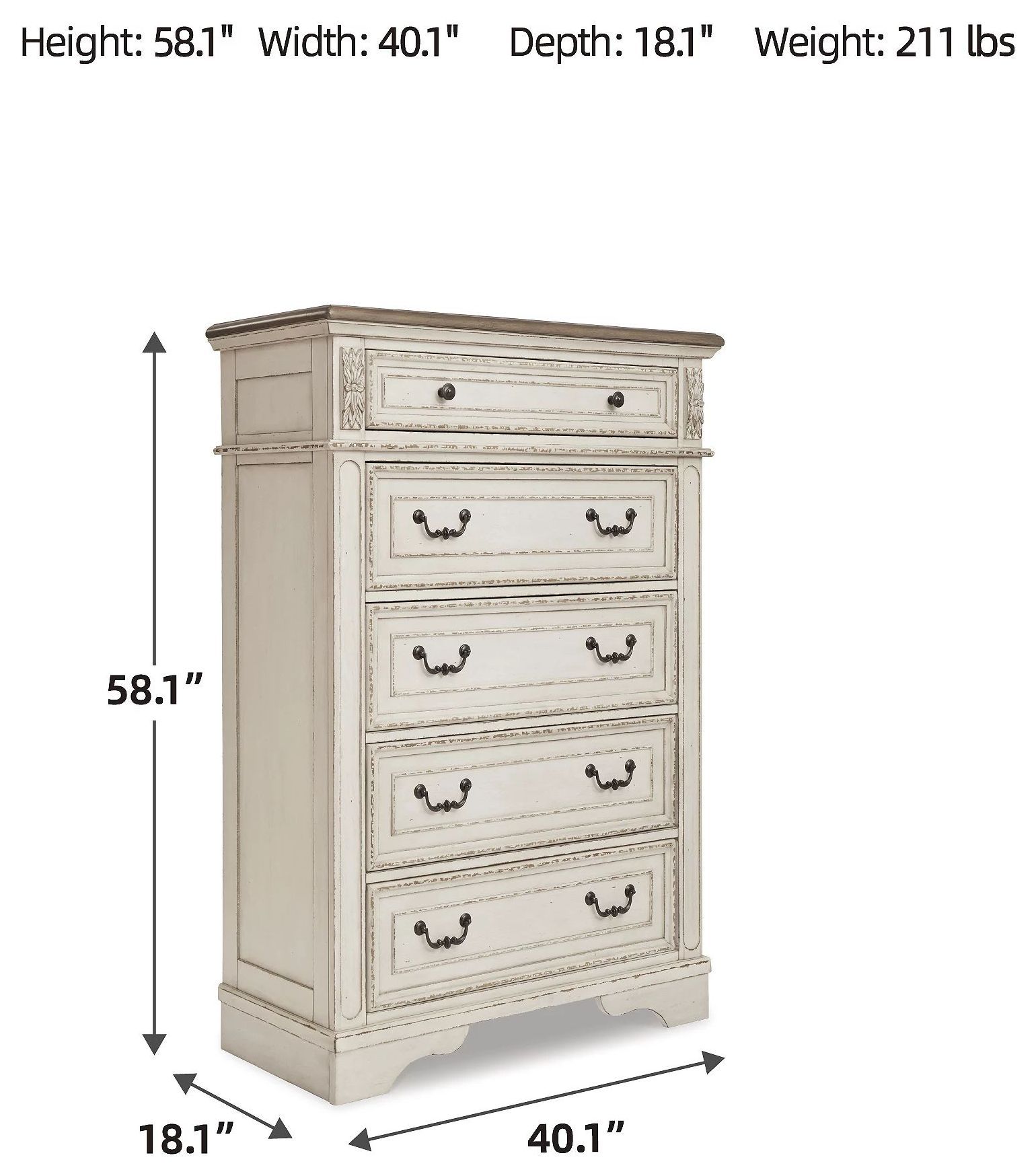 Realyn Chipped White 5 Drawer Chest