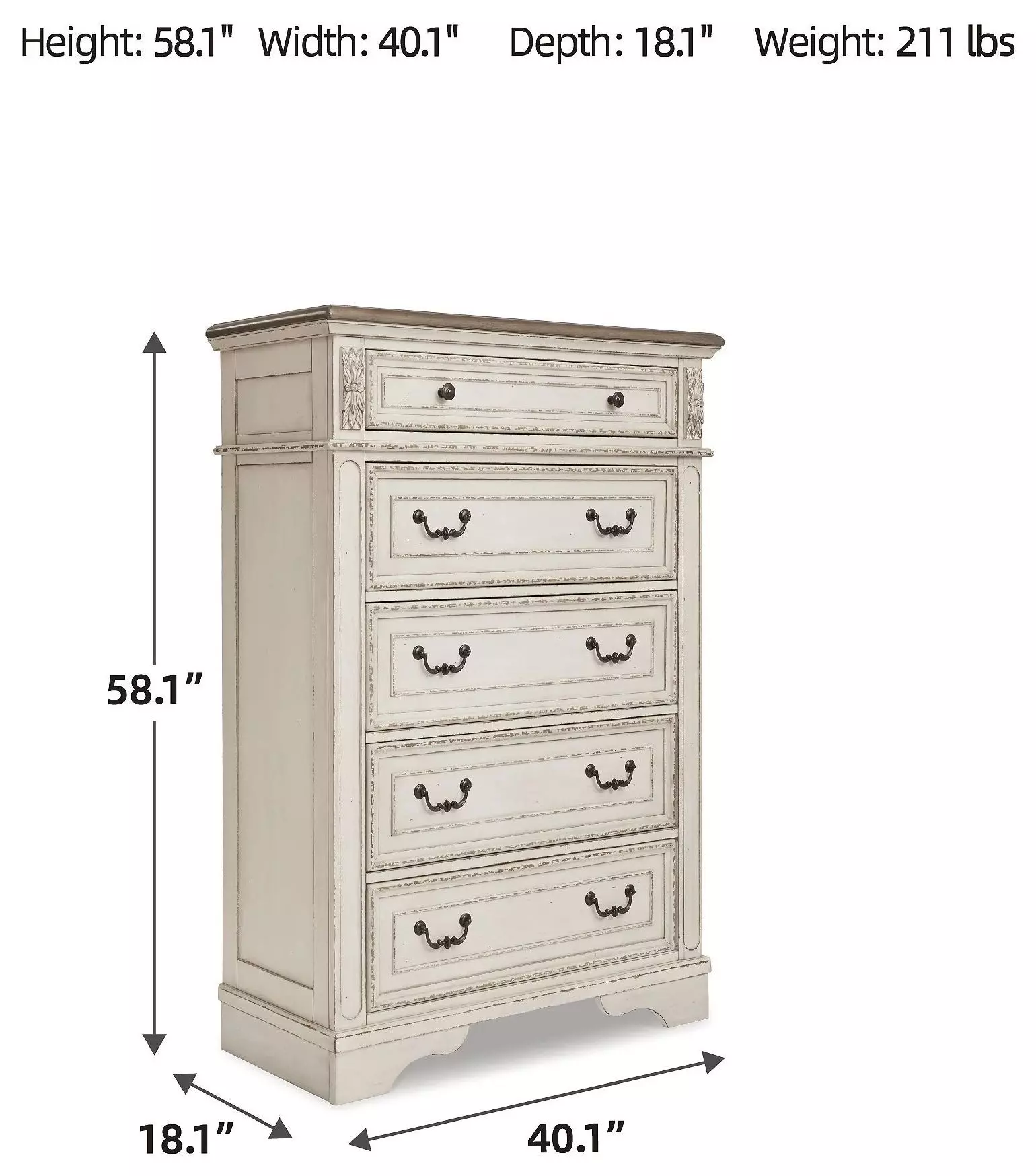 Realyn Chipped White 5 Drawer Chest