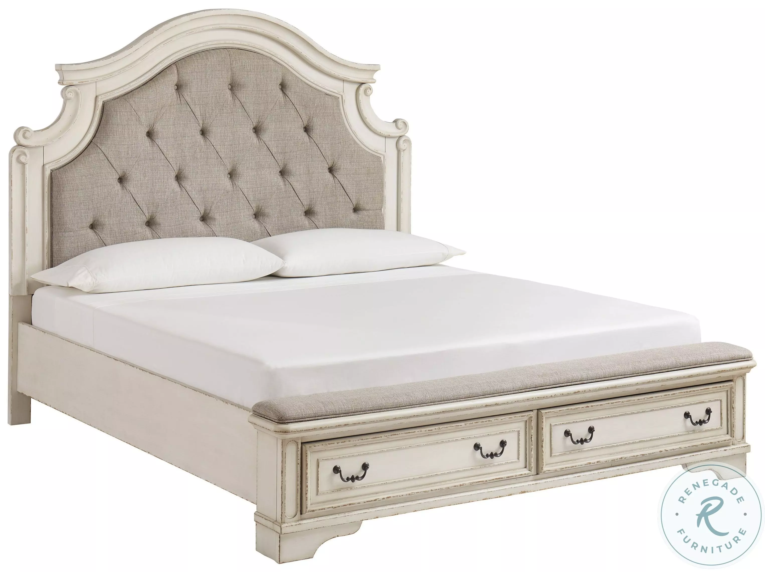 Realyn Chipped Two Tone Cal. King Upholstered Panel Bed With Bench
