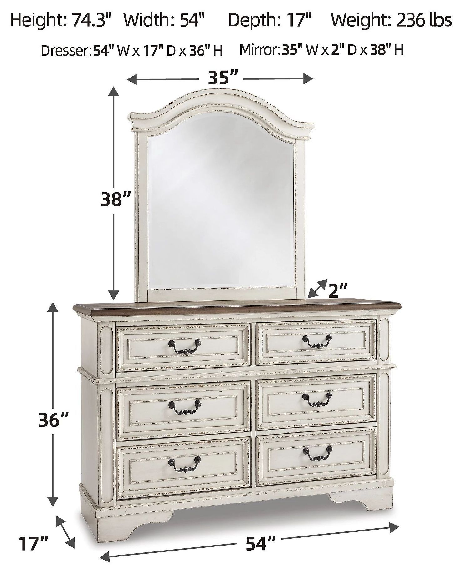 Realyn Chipped White and Brown 6 Drawer Dresser and Arched Mirror