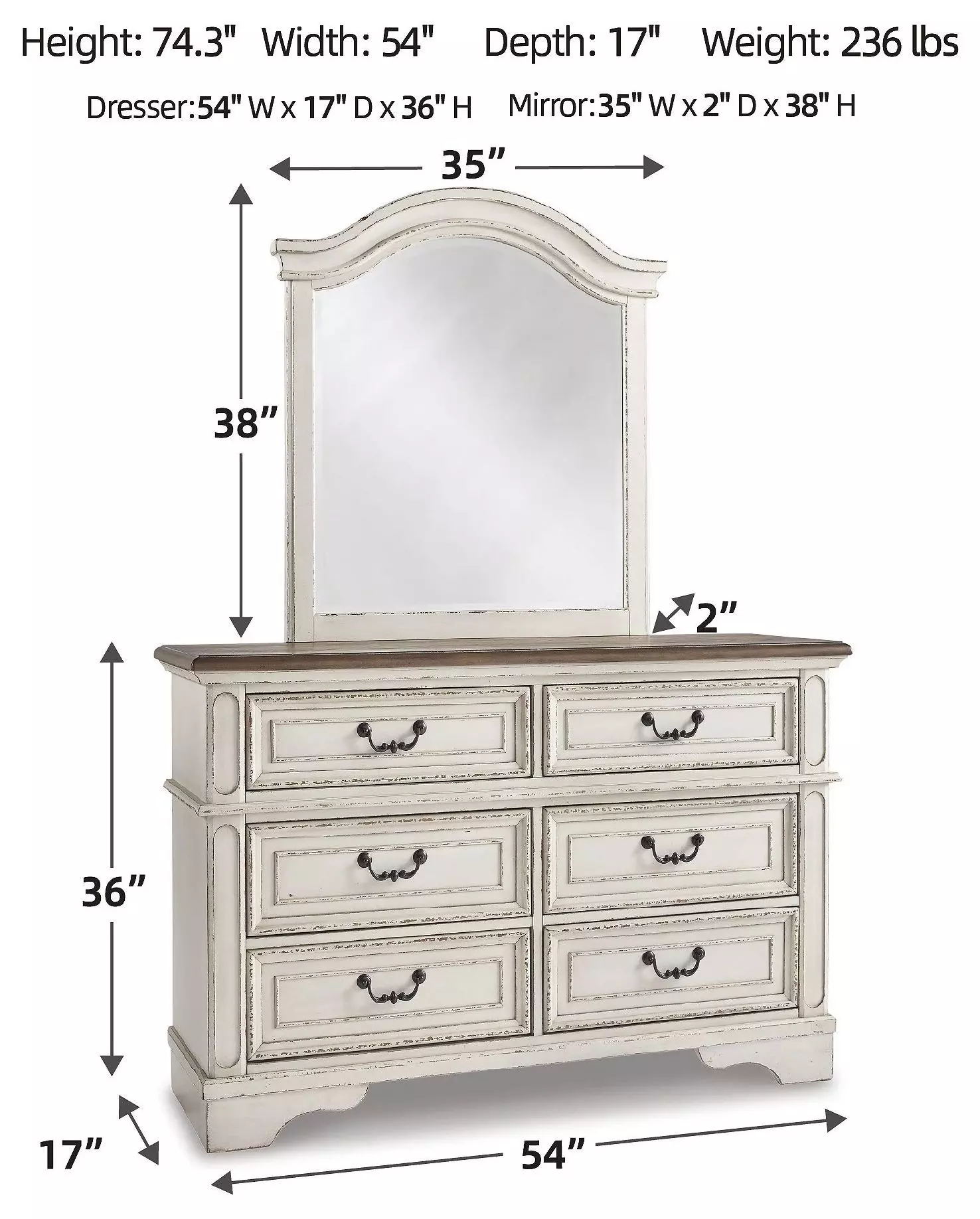 Realyn Chipped White and Brown 6 Drawer Dresser and Arched Mirror
