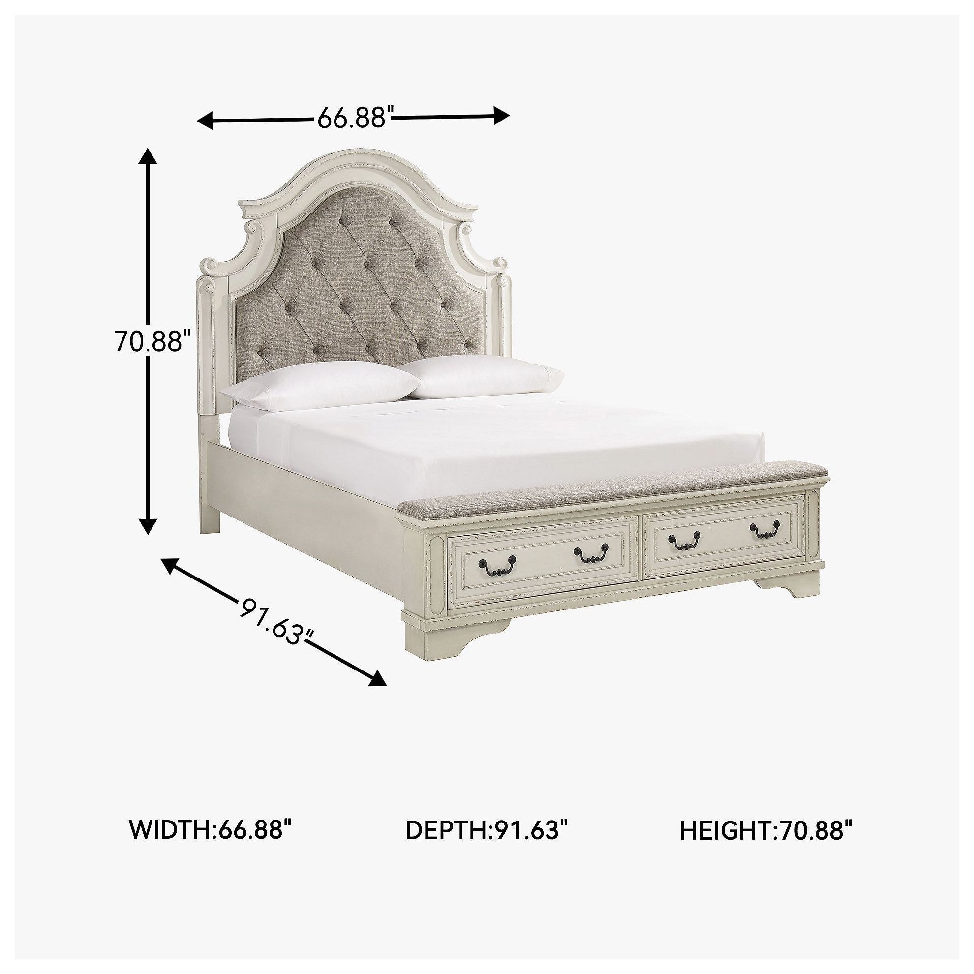 Realyn Chipped White Queen Upholstered Panel Bed With Storage Footboard Bench
