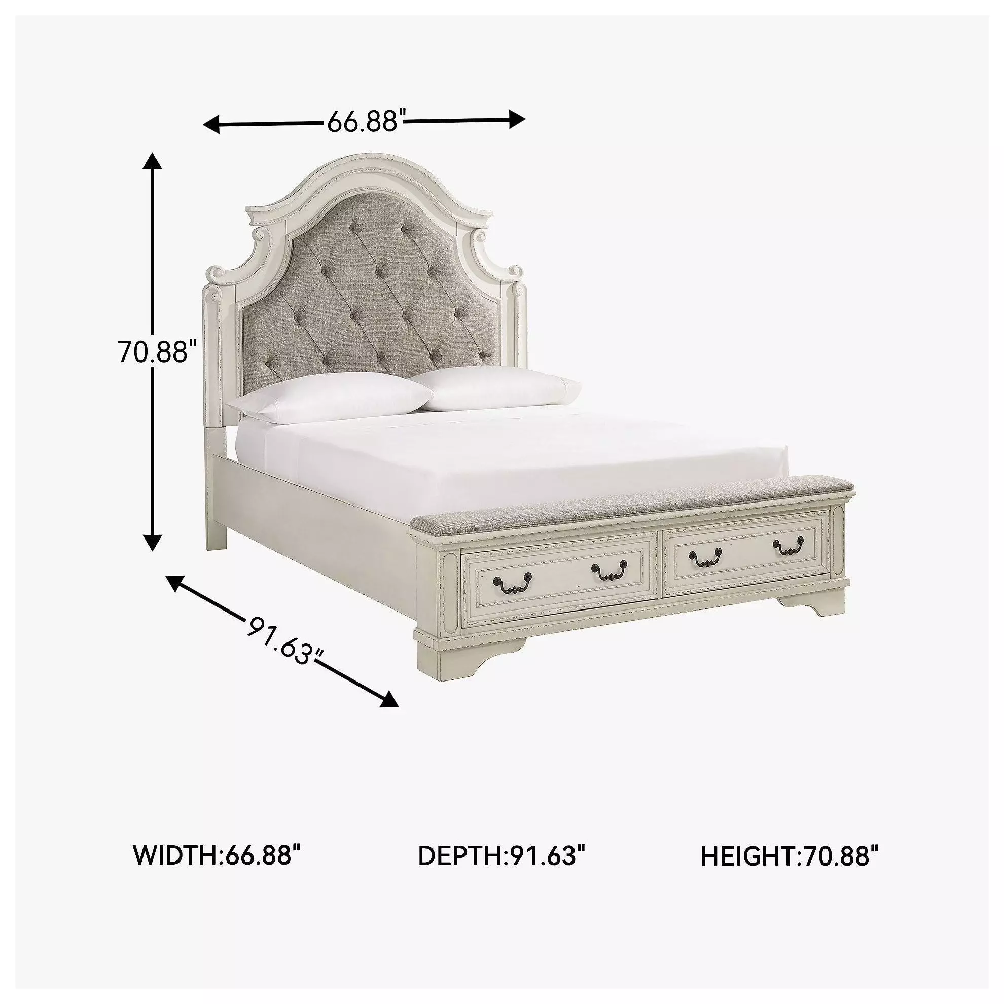 Realyn Chipped White Queen Upholstered Panel Bed With Storage Footboard Bench