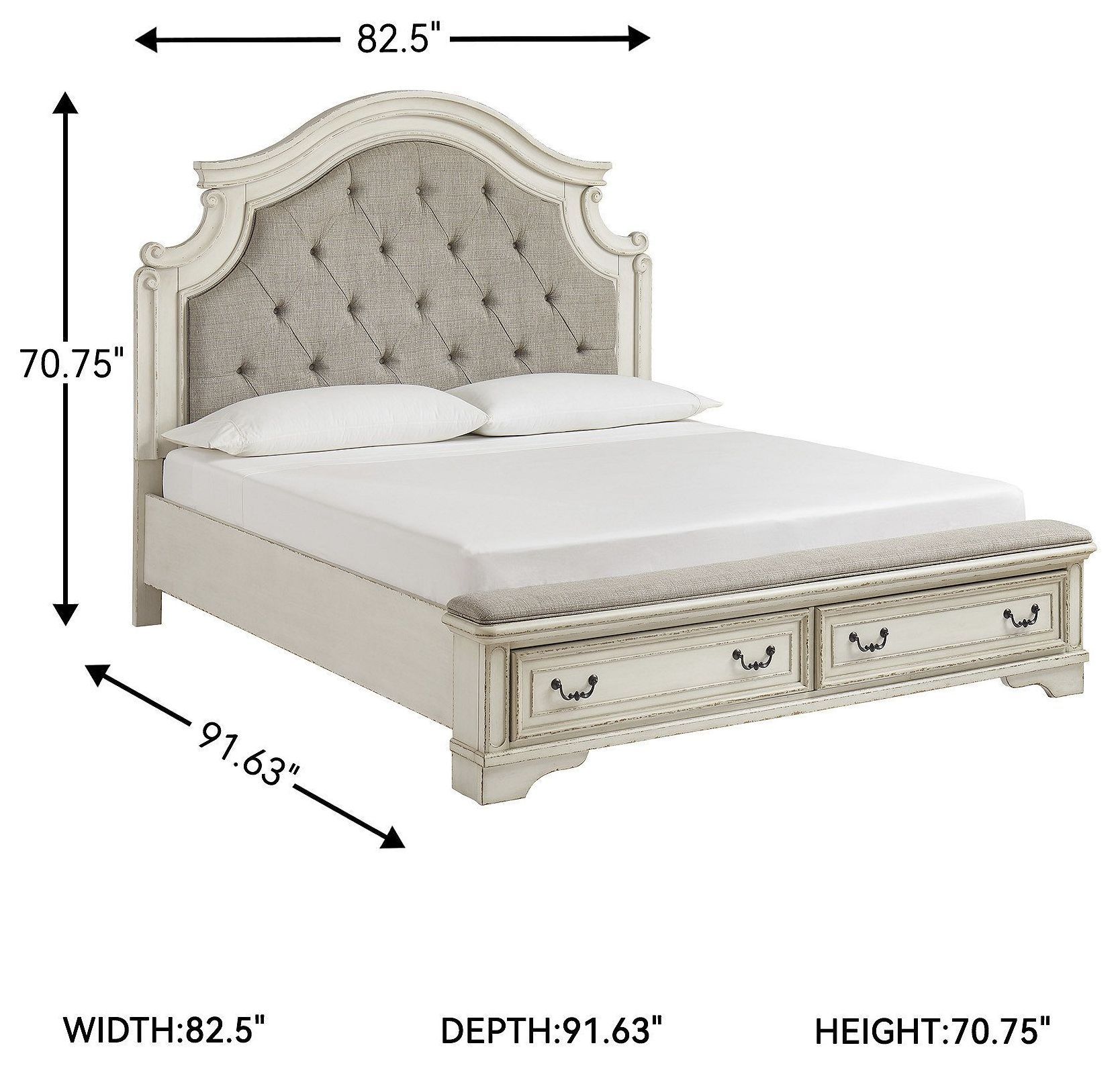 Realyn Chipped White King Upholstered Panel Bed With Storage Footboard Bench