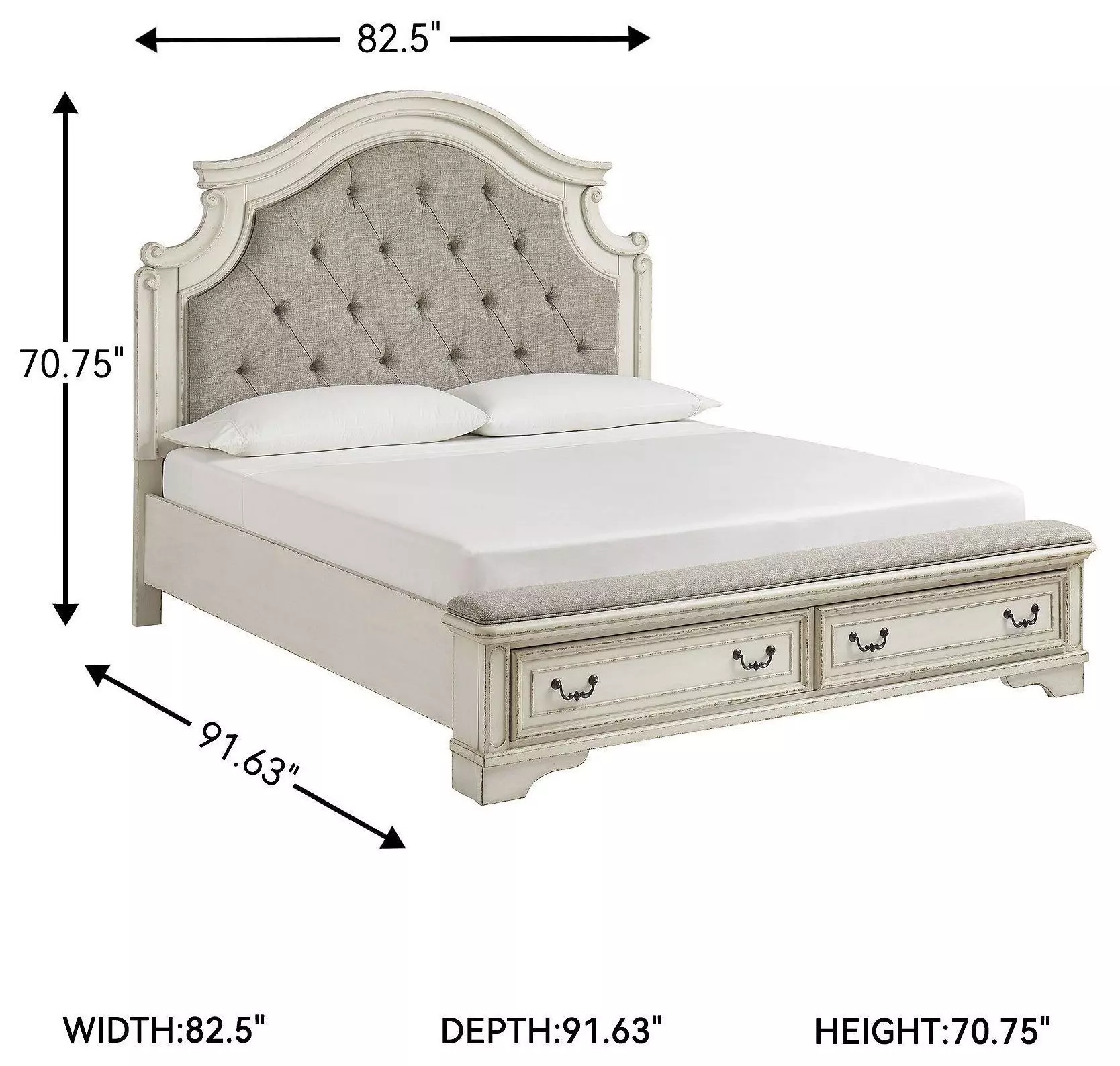 Realyn Chipped White King Upholstered Panel Bed With Storage Footboard Bench