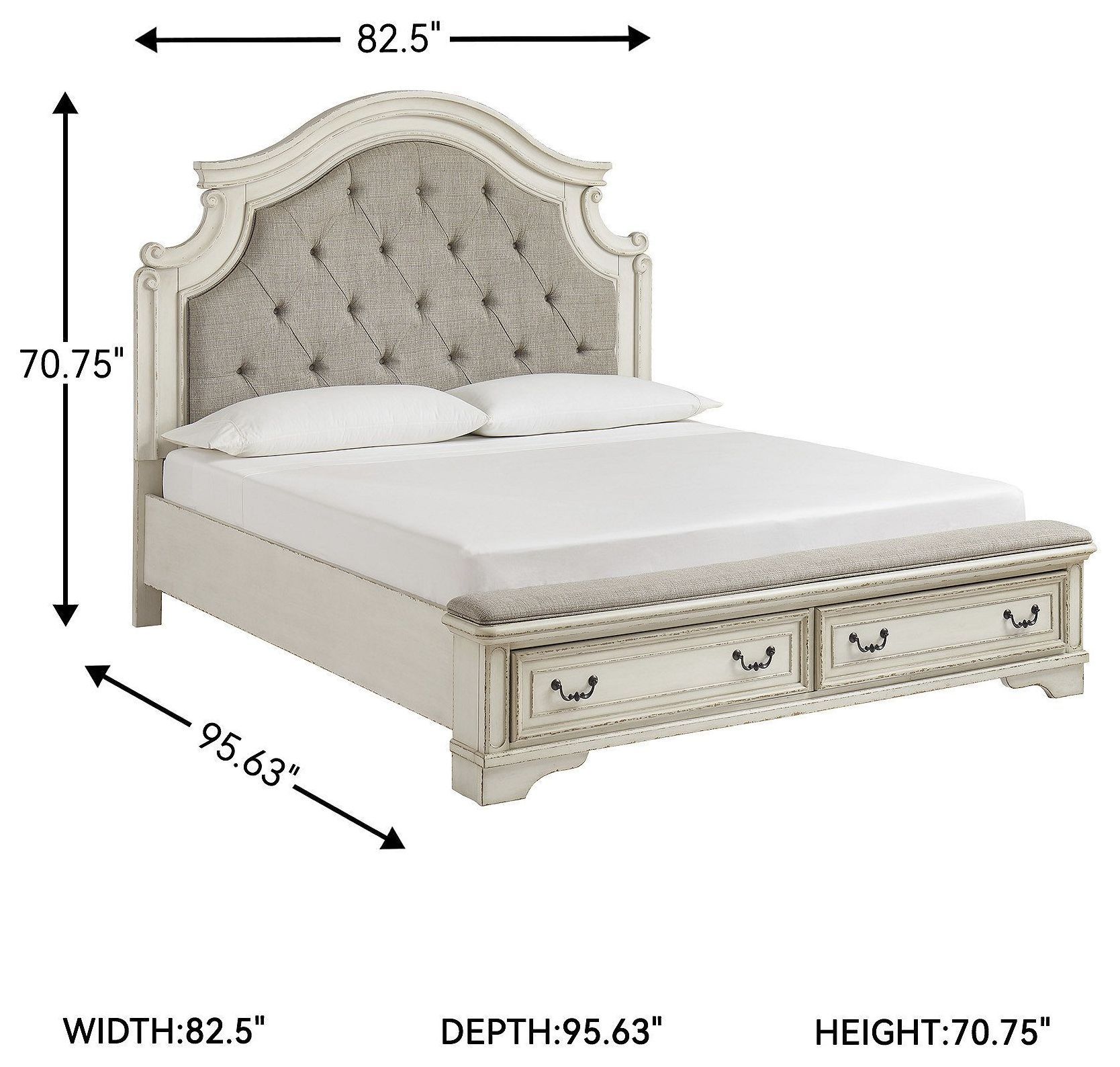 Realyn Chipped White California King Upholstered Panel Bed With Storage Footboard Bench