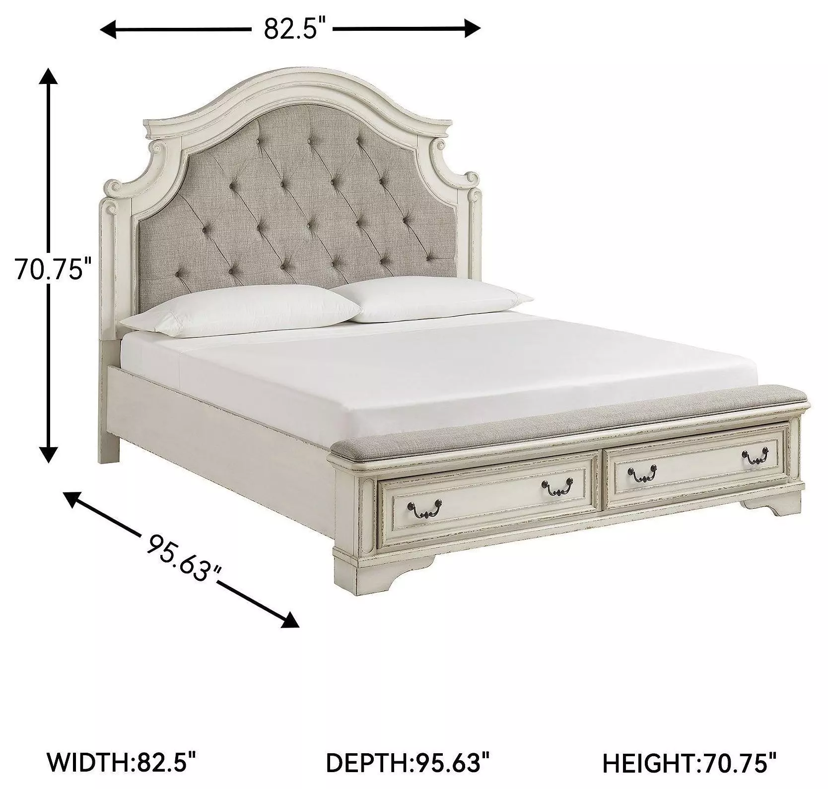 Realyn Chipped White California King Upholstered Panel Bed With Storage Footboard Bench
