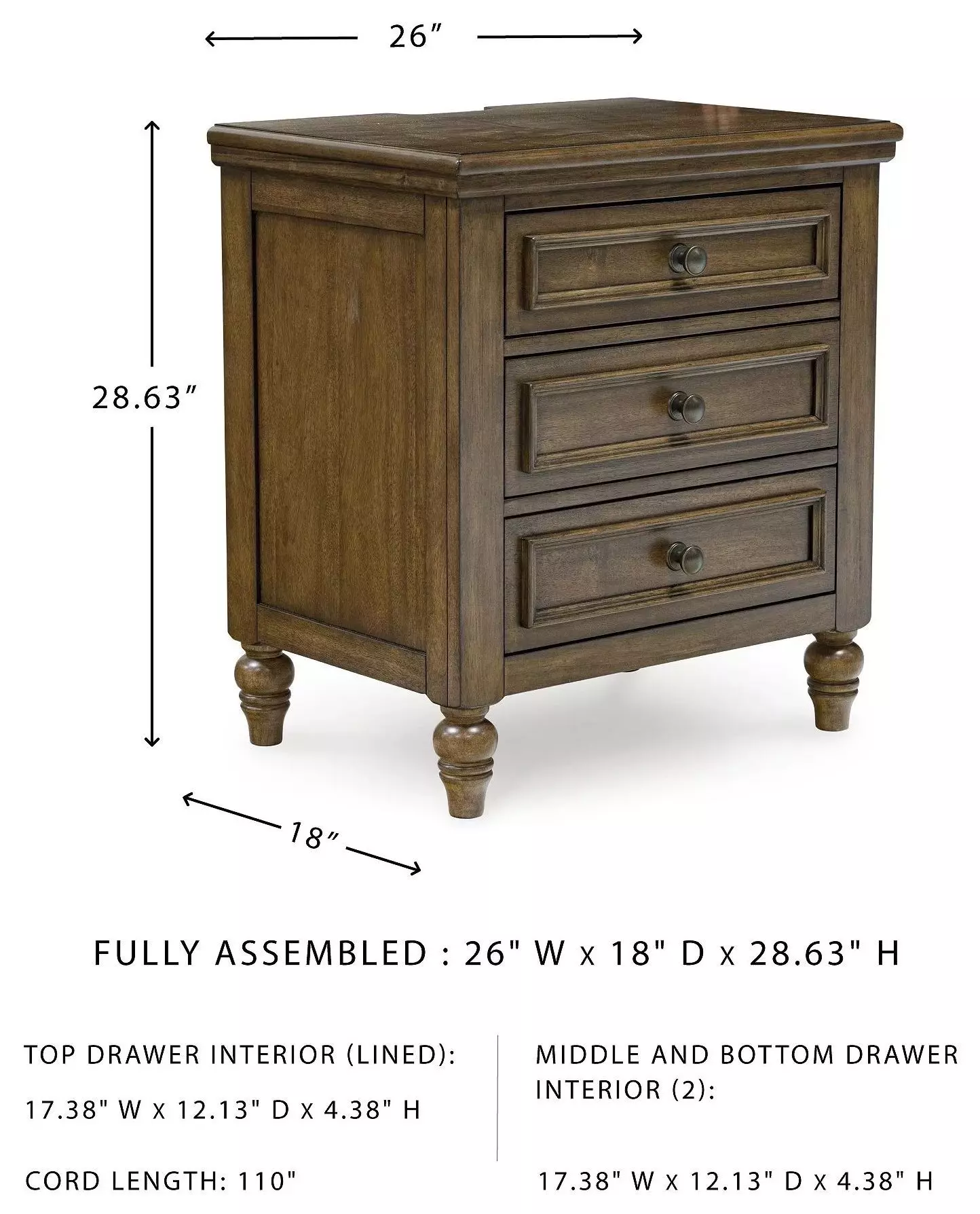 Sturlayne Brown 3 Drawer Nightstand