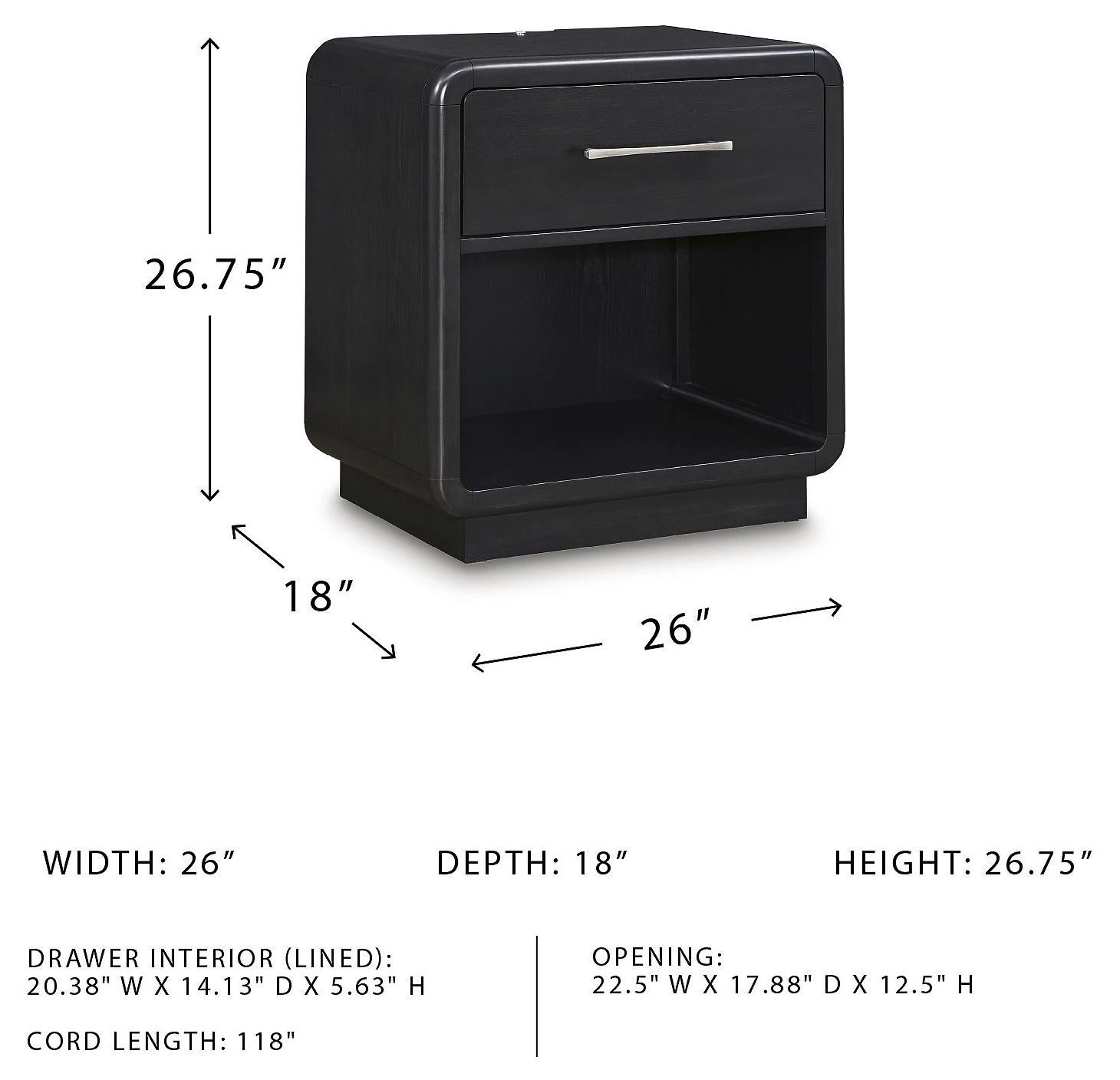 Rowanbeck Black One Drawer Nightstand