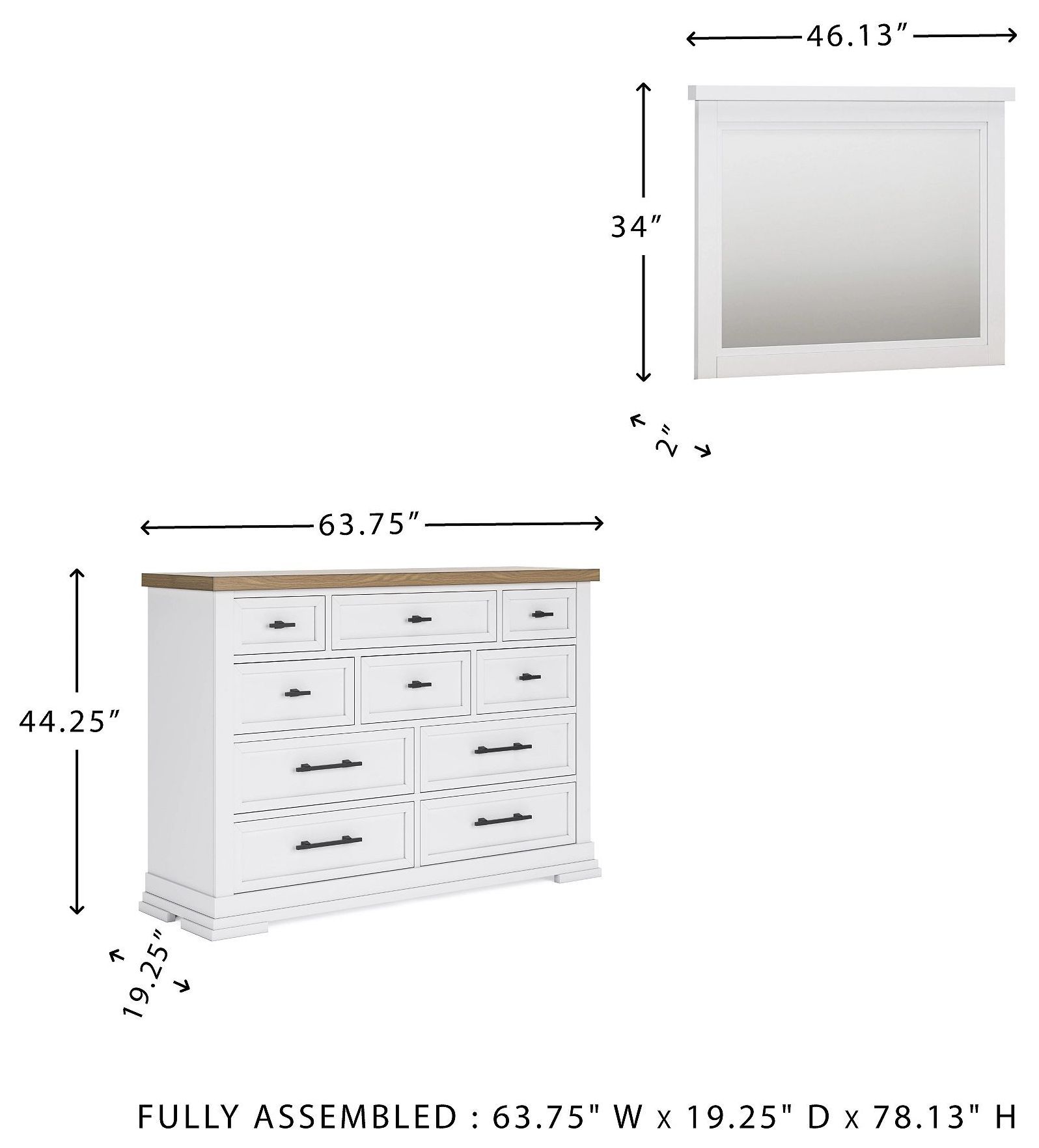 Ashbryn White and Natural 10 Drawer Dresser with Rectangular Mirror