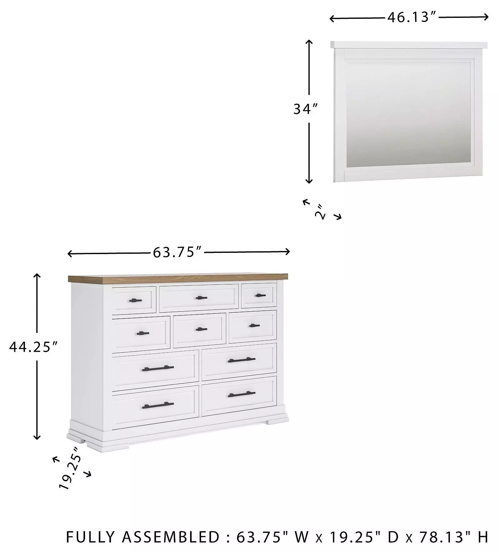 Ashbryn White and Natural 10 Drawer Dresser with Rectangular Mirror