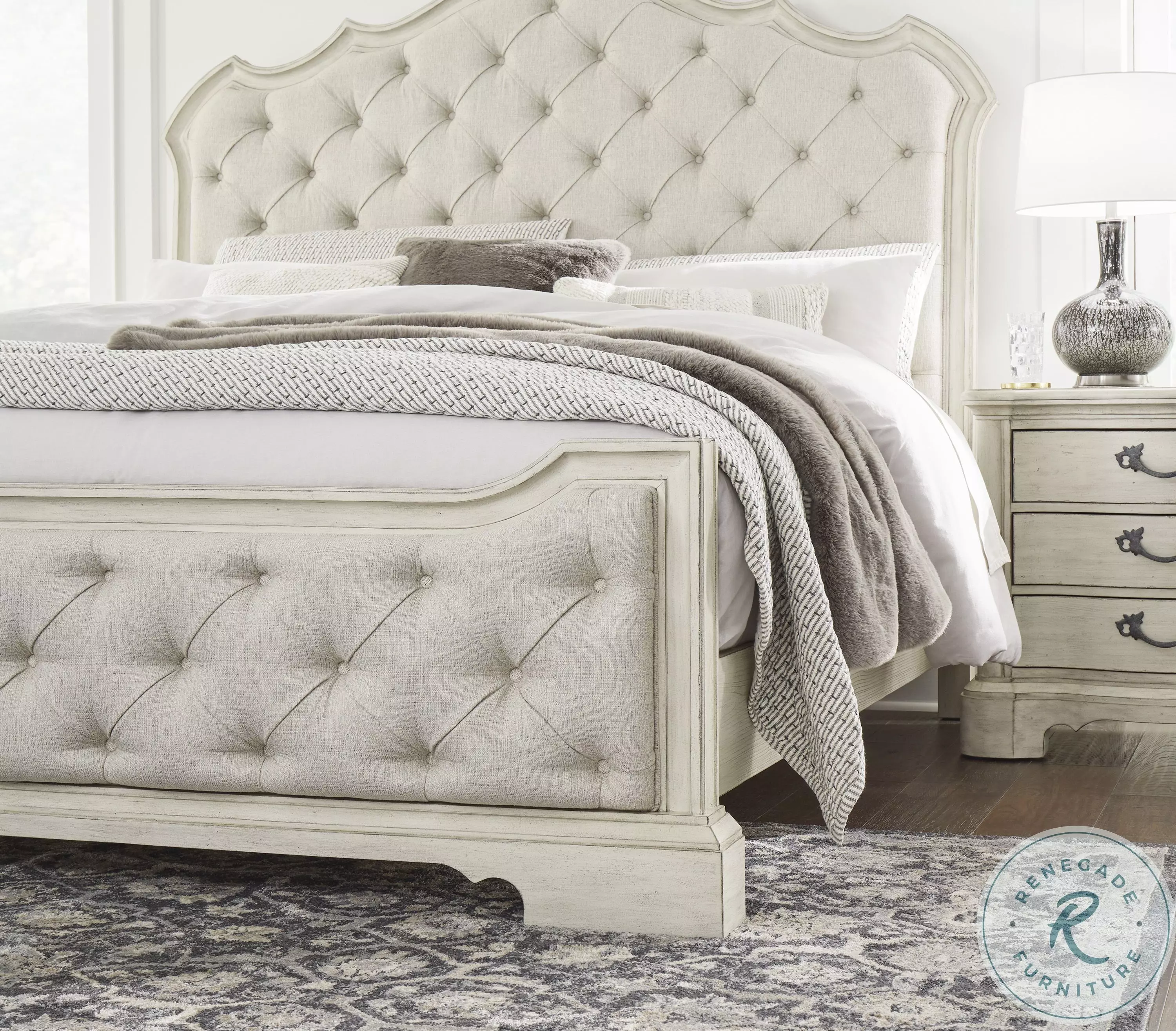 Arlendyne Antiqued White Painted King Upholstered Panel Bed