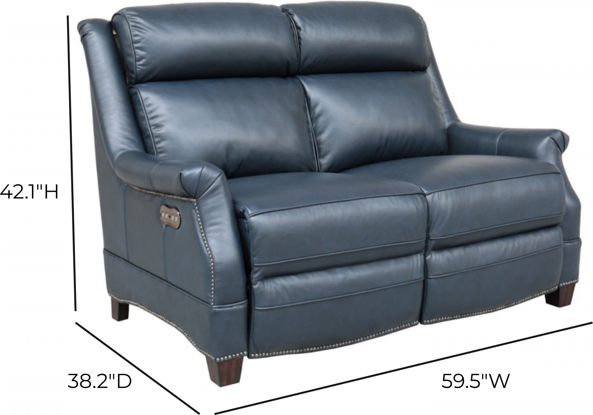 Warrendale Shoreham Blue Leather 60" Power Reclining Loveseat with Nailhead Trim and USB Charging