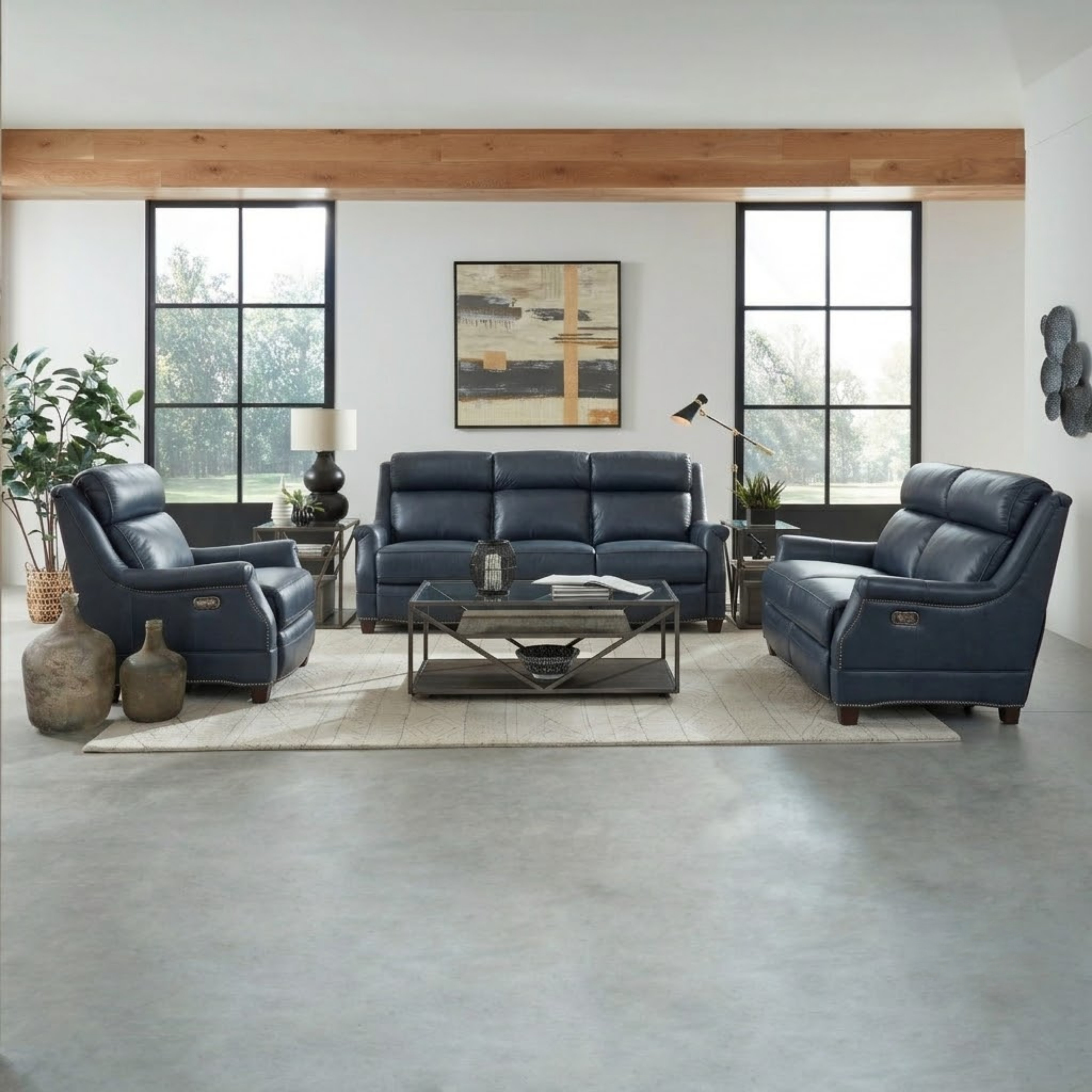 Warrendale Shoreham Blue Leather Power Reclining Living Room Set