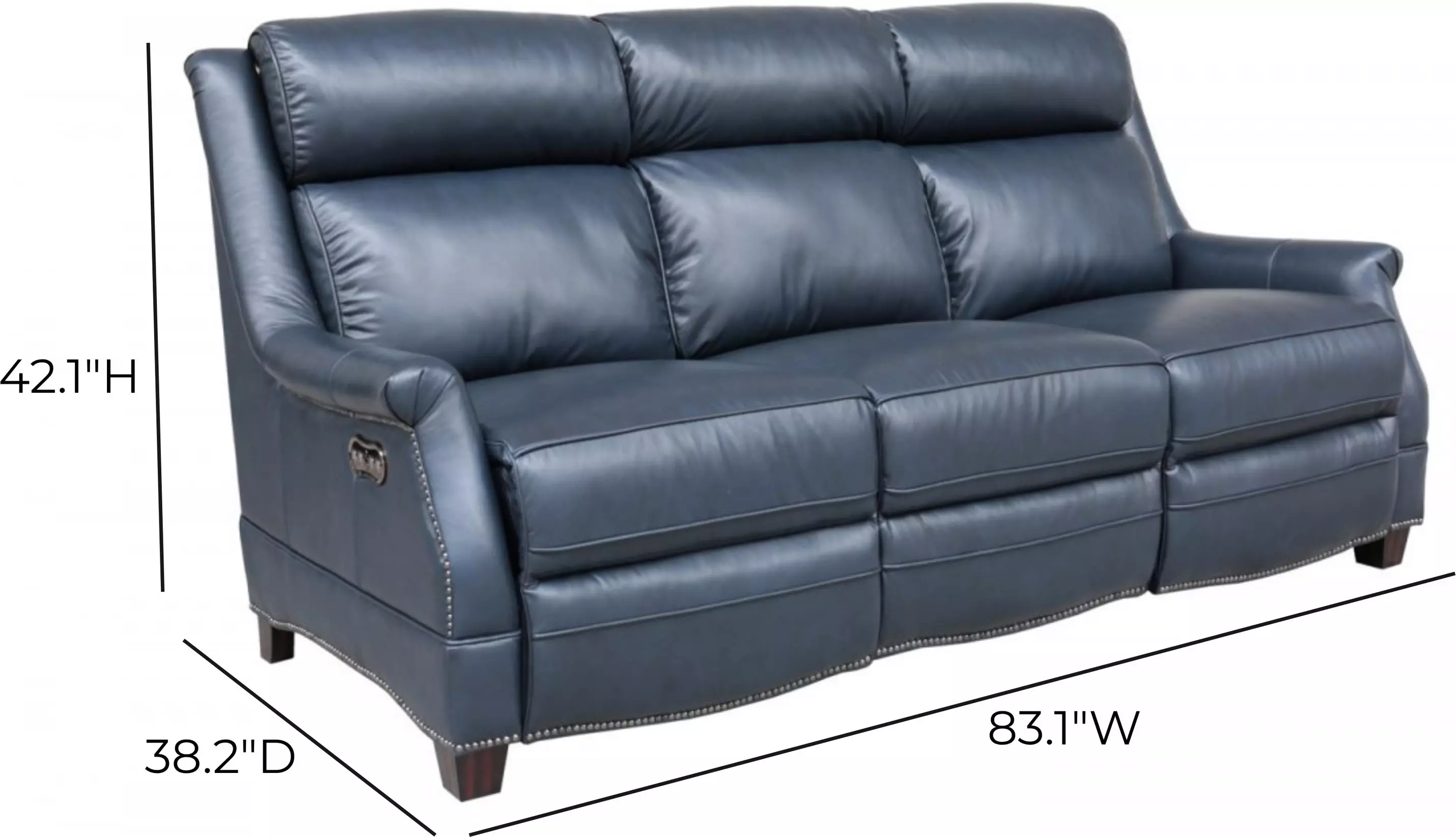 Warrendale Shoreham Blue Leather 83" Power Reclining Sofa with Nailhead Trim and USB Charging