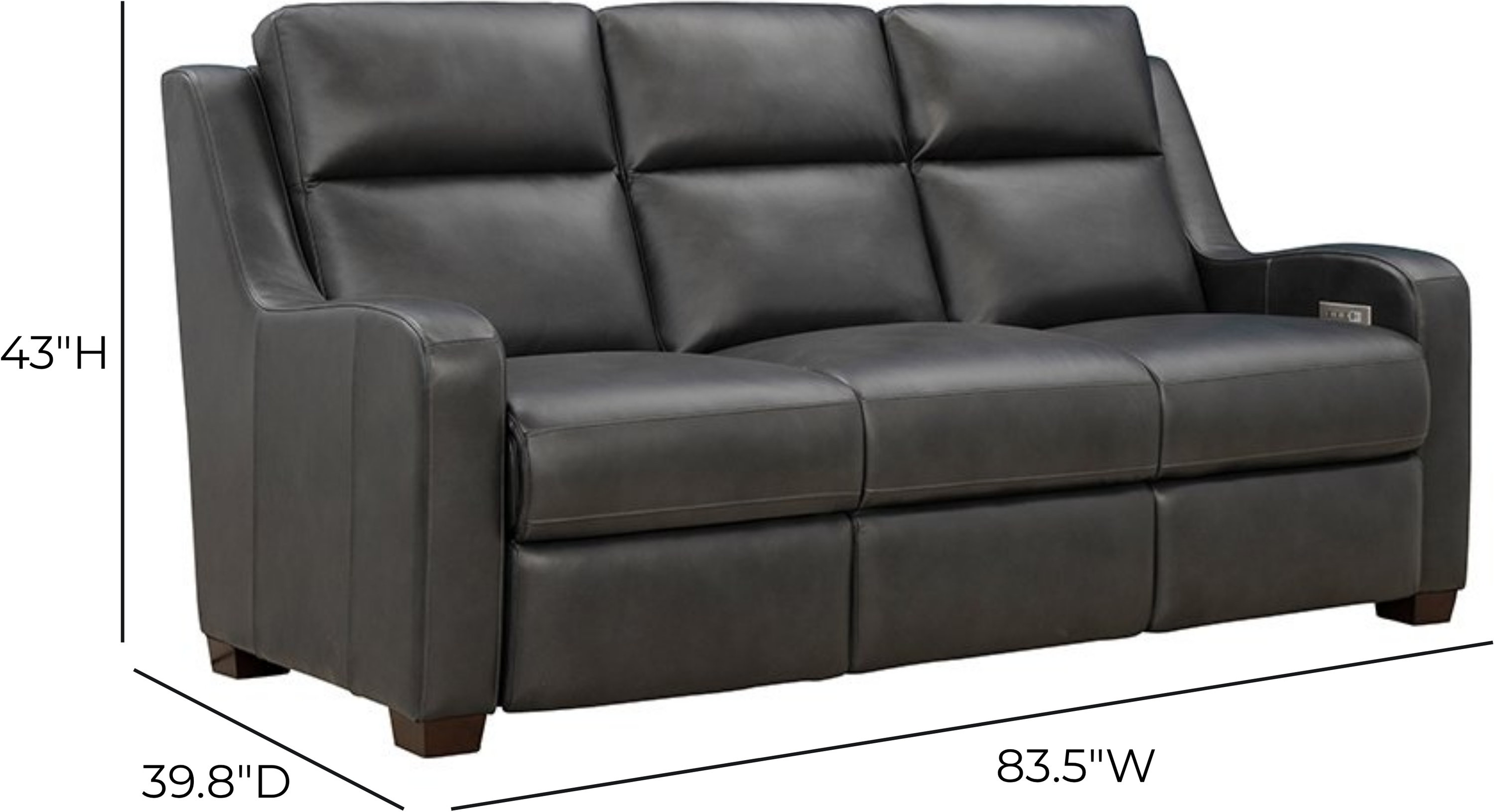 Ayden Elway Dark Gray Leather 84" Power Reclining Sofa with Power Lumbar and USB Charging