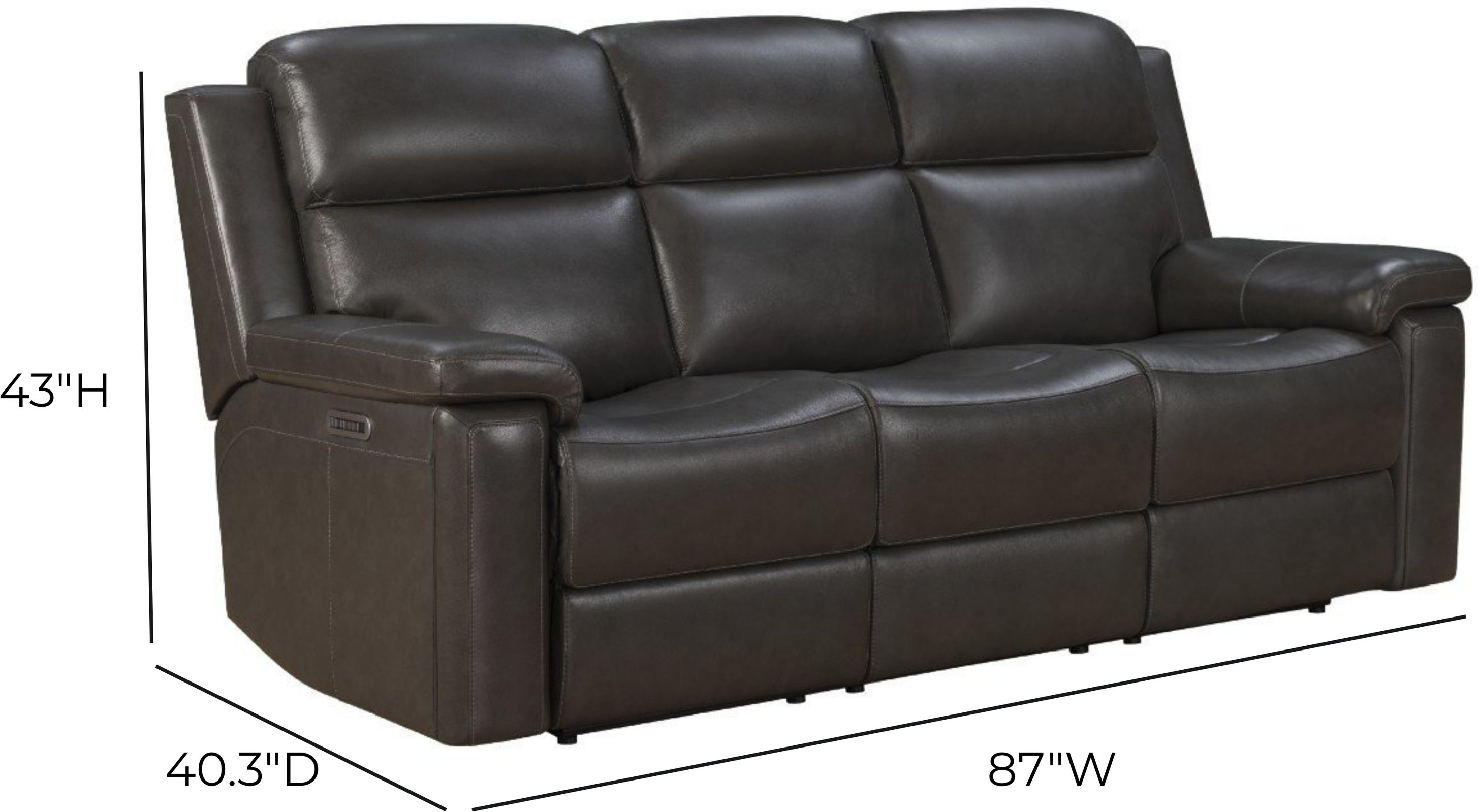 Leon Matteo Smokey Gray Leather 87" Triple Power Reclining Sofa with USB Charging and LED