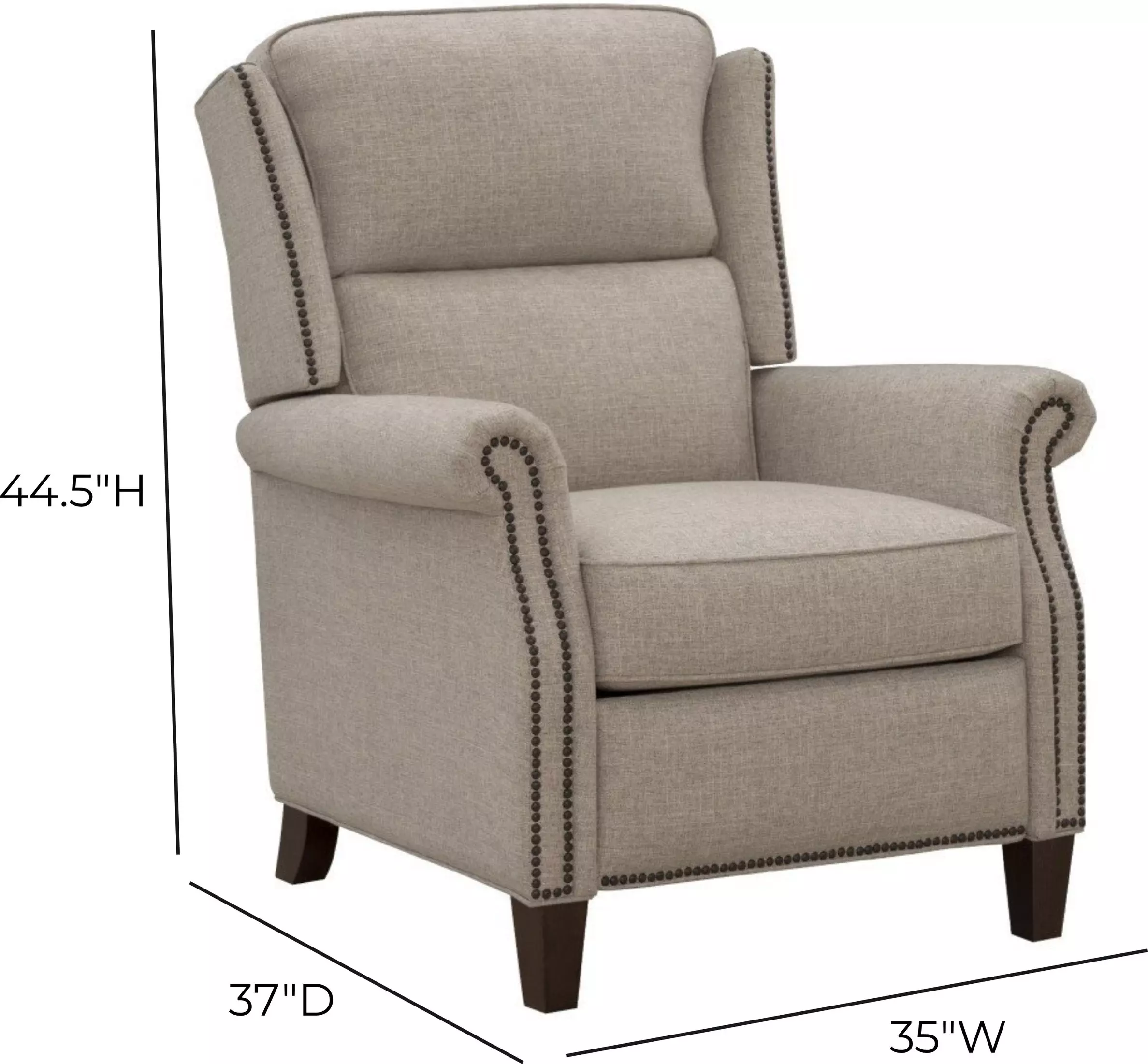 Shasta Linen Gray Push Thru The Arms Recliner with Nailhead Trim