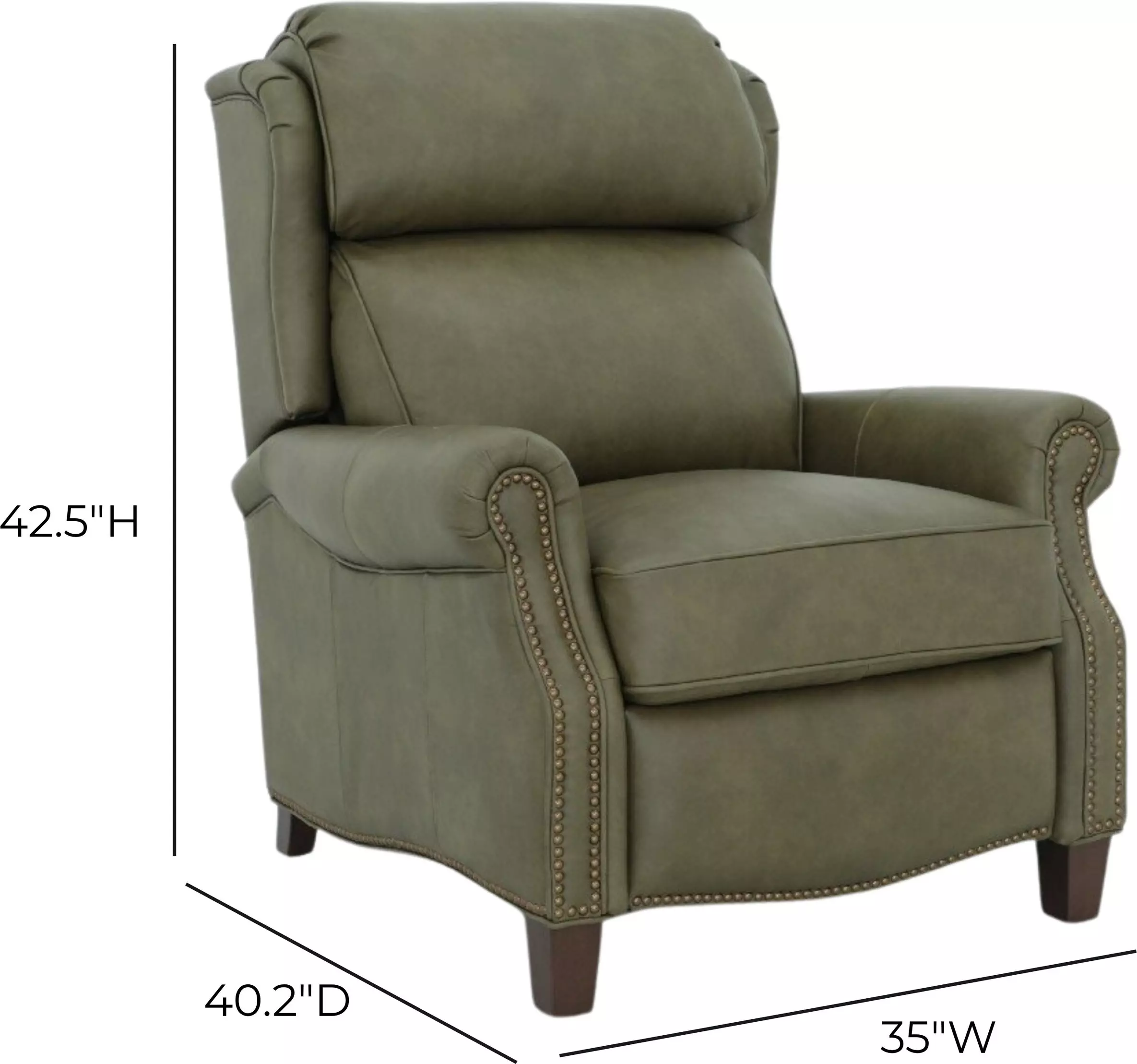 Meade Oasis Olive Leather Push Thru The Arms Lounge Recliner with Nailhead Trim