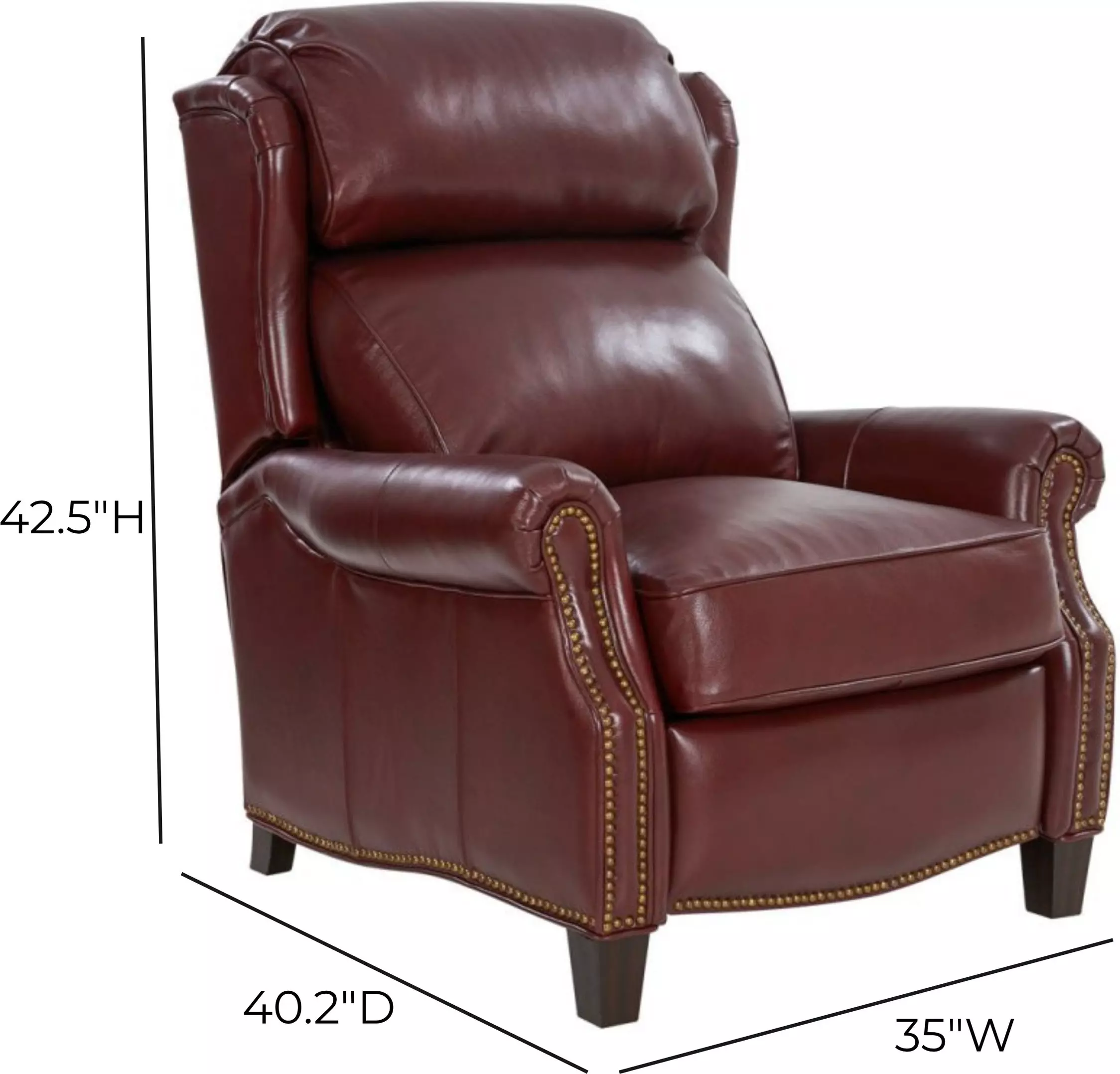 Meade Marisol Cabernet Leather Push Thru The Arms Lounge Recliner with Nailhead Trim
