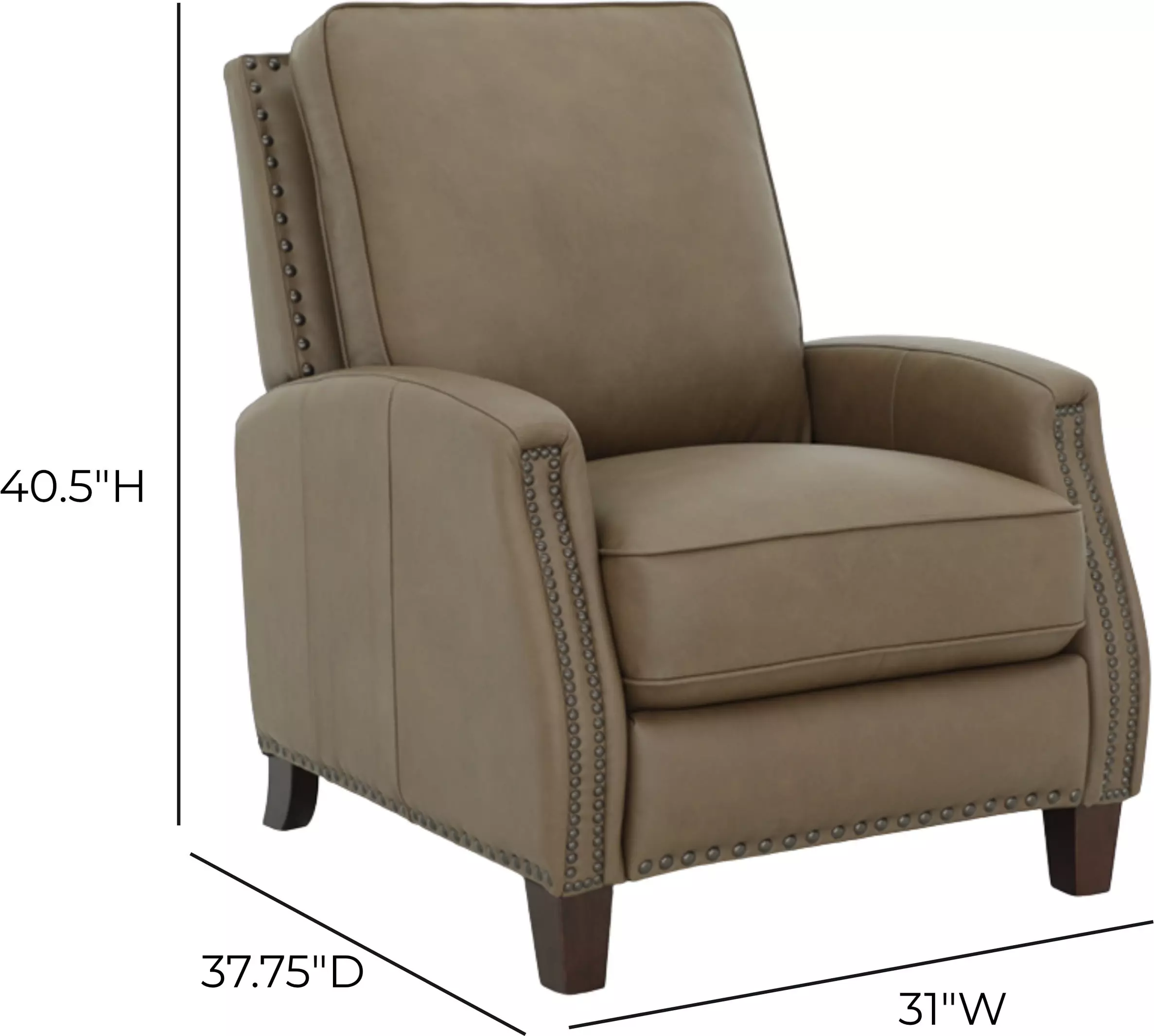 Melrose Cashmere Taupe Leather Push Thru The Arms Recliner with Nailhead Trim