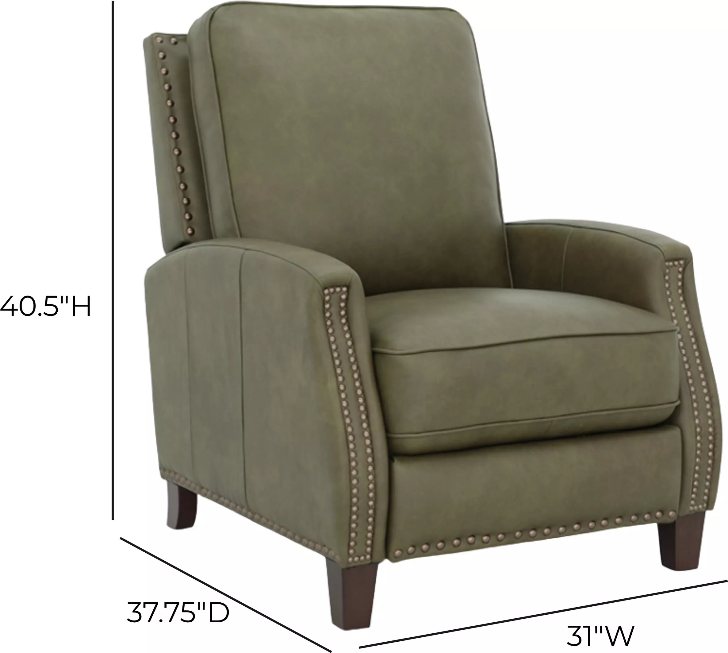 Melrose Oasis Olive Leather Push Thru The Arms Recliner with Nailhead Trim