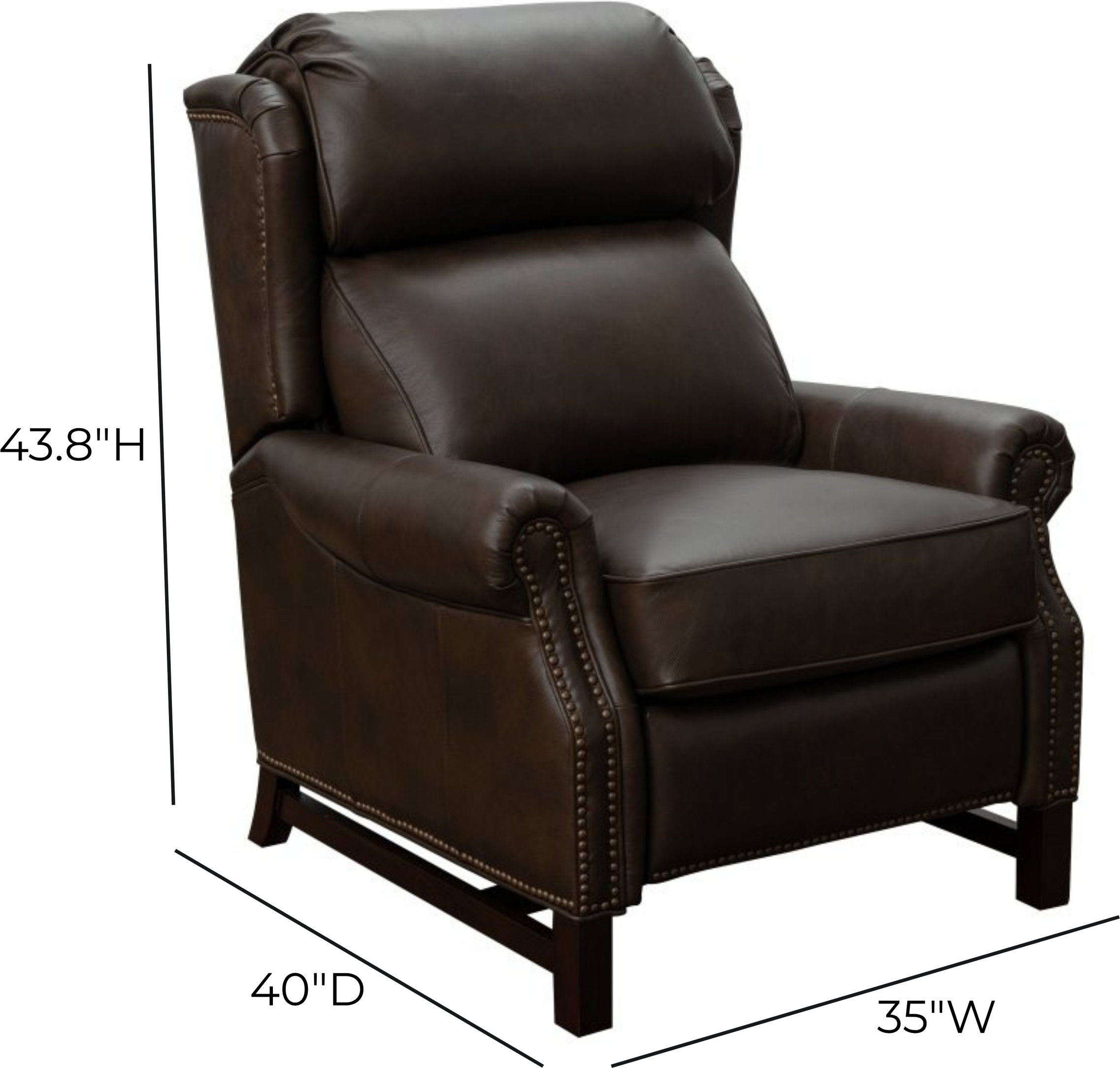 Thornfield Ashford Walnut Leather Push Thru The Arms Recliner with Nailhead Trim
