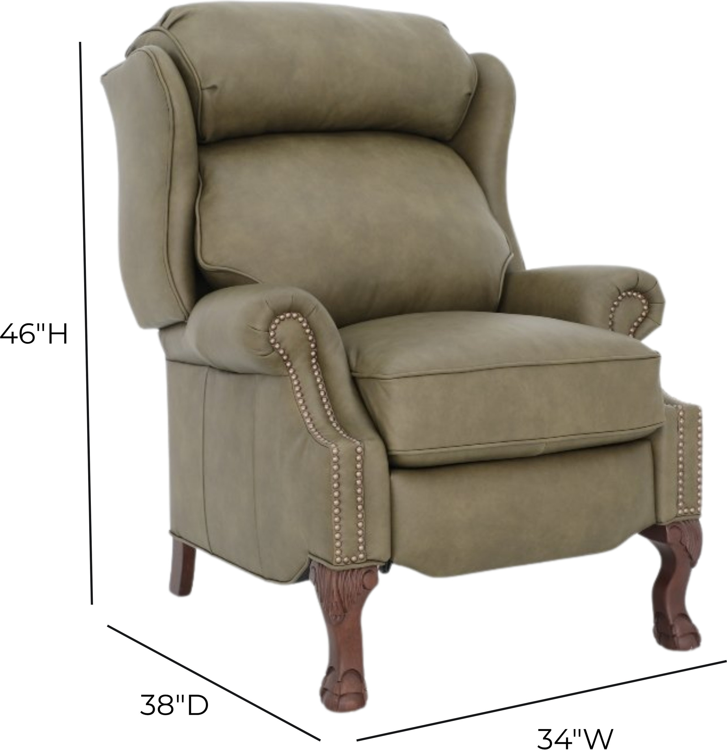 Danbury Oasis Olive Leather Push Thru The Arms Recliner with Nailhead Trim