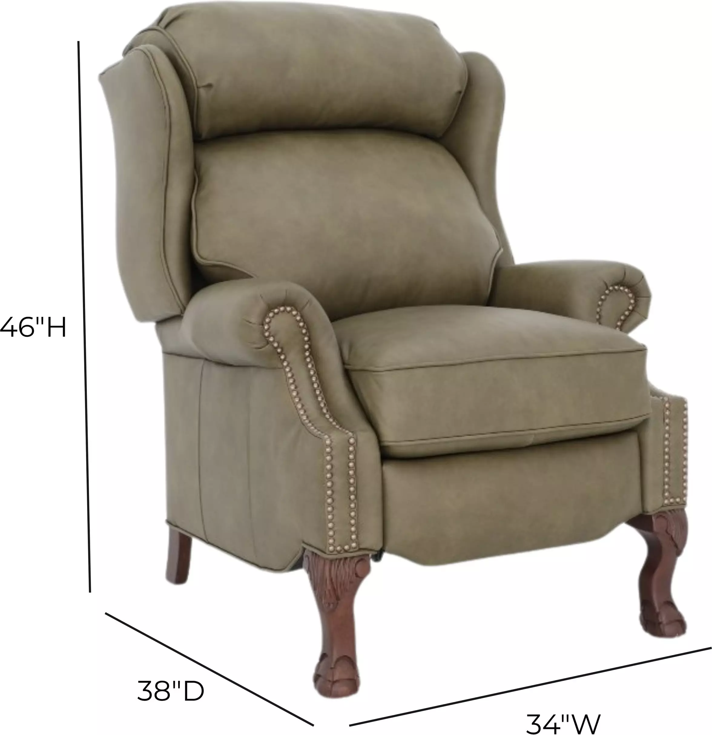 Danbury Oasis Olive Leather Push Thru The Arms Recliner with Nailhead Trim