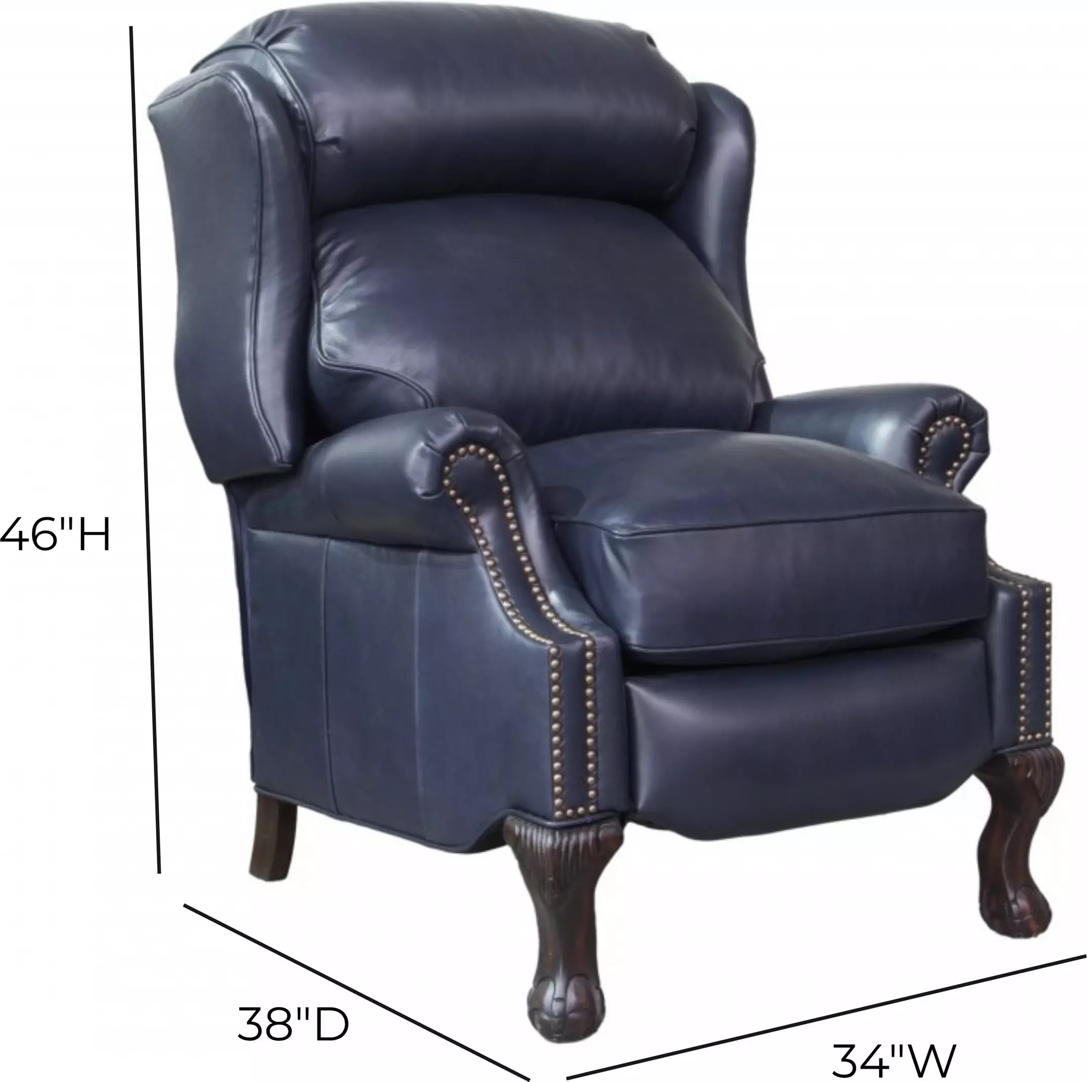 Danbury Shoreham Blue Leather Push Thru The Arms Recliner with Nailhead Trim
