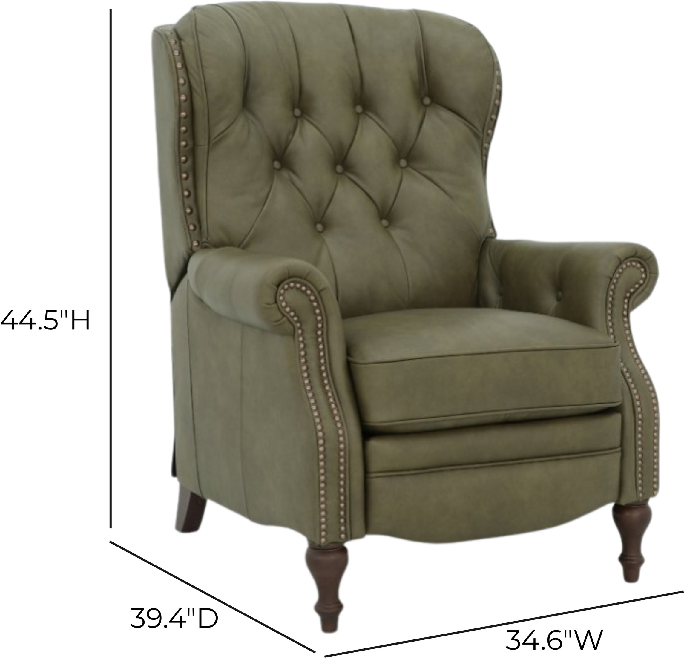 Kendall Oasis Olive Leather Push Thru The Arms Recliner with Nailhead Trim