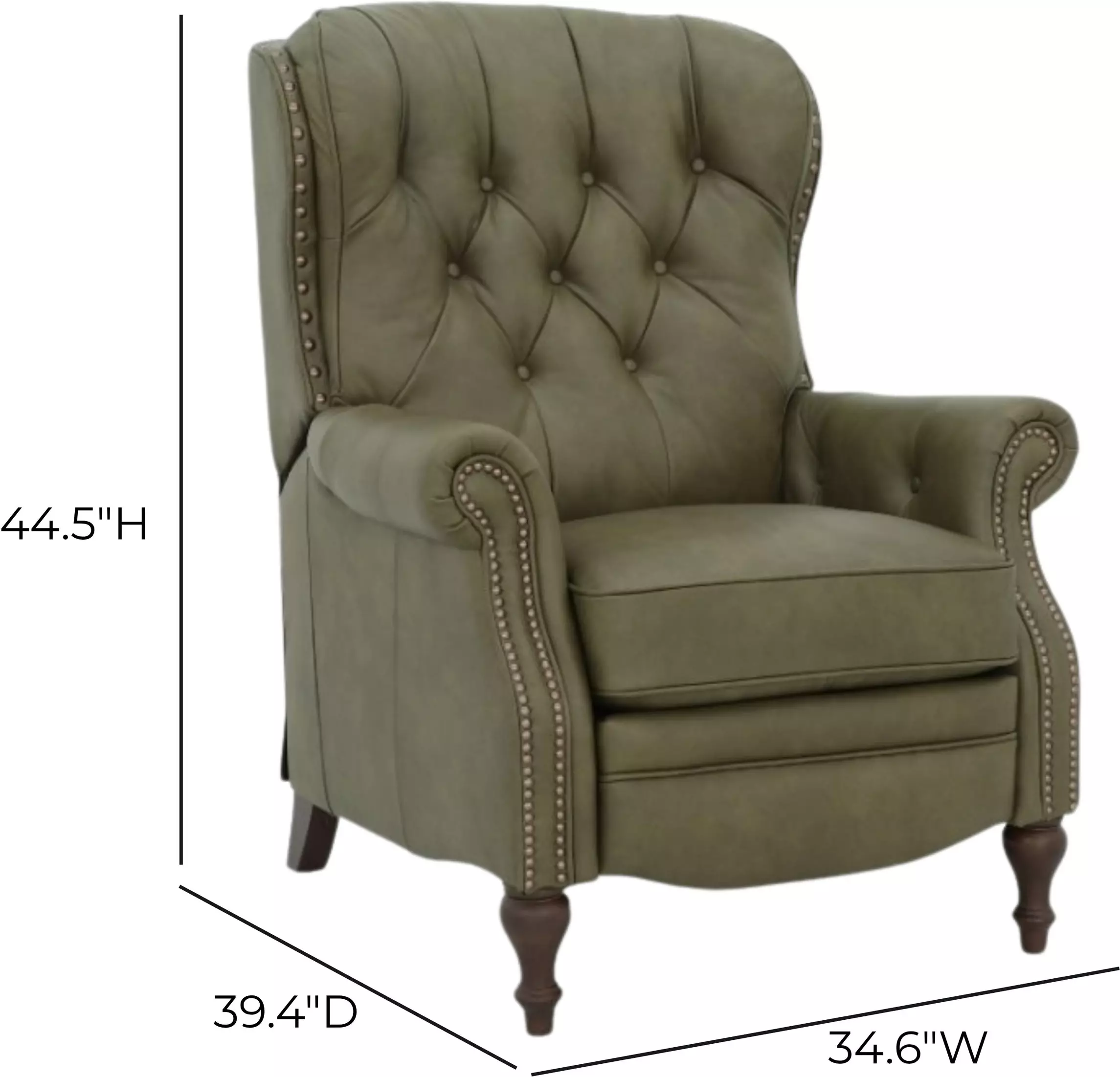 Kendall Oasis Olive Leather Push Thru The Arms Recliner with Nailhead Trim