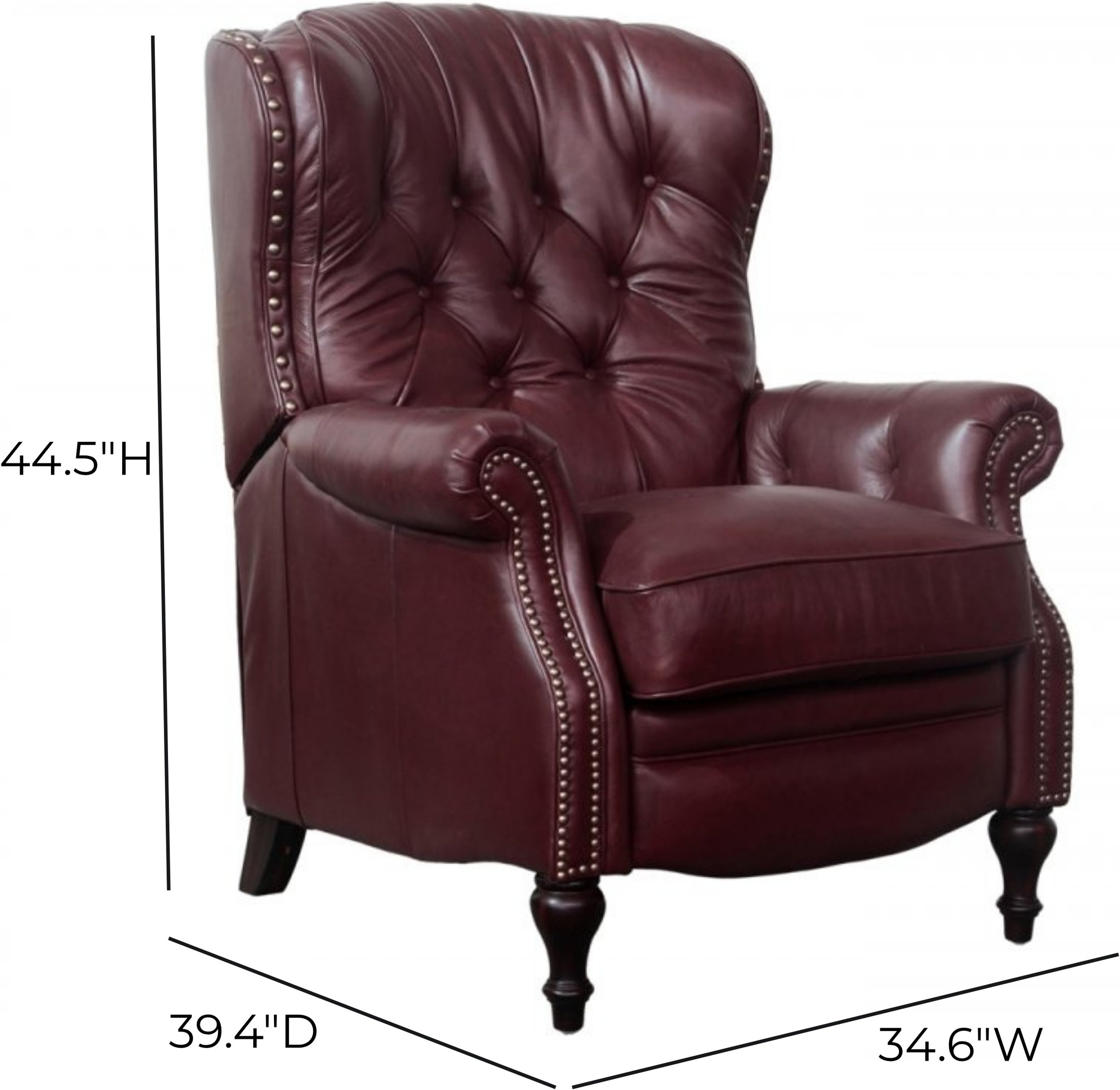 Kendall Shoreham Wine Leather Push Thru The Arms Recliner with Nailhead Trim