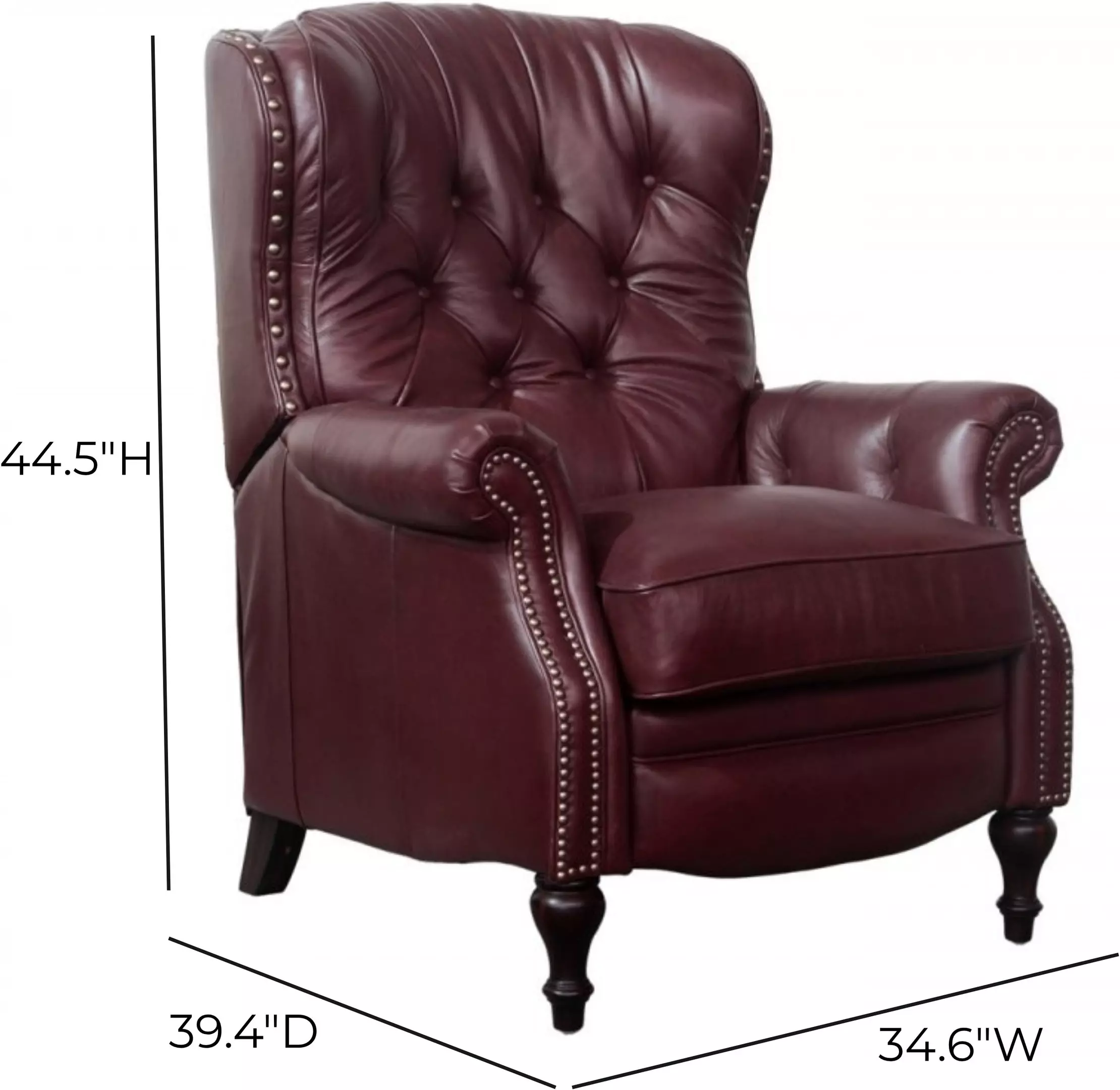 Kendall Shoreham Wine Leather Push Thru The Arms Recliner with Nailhead Trim