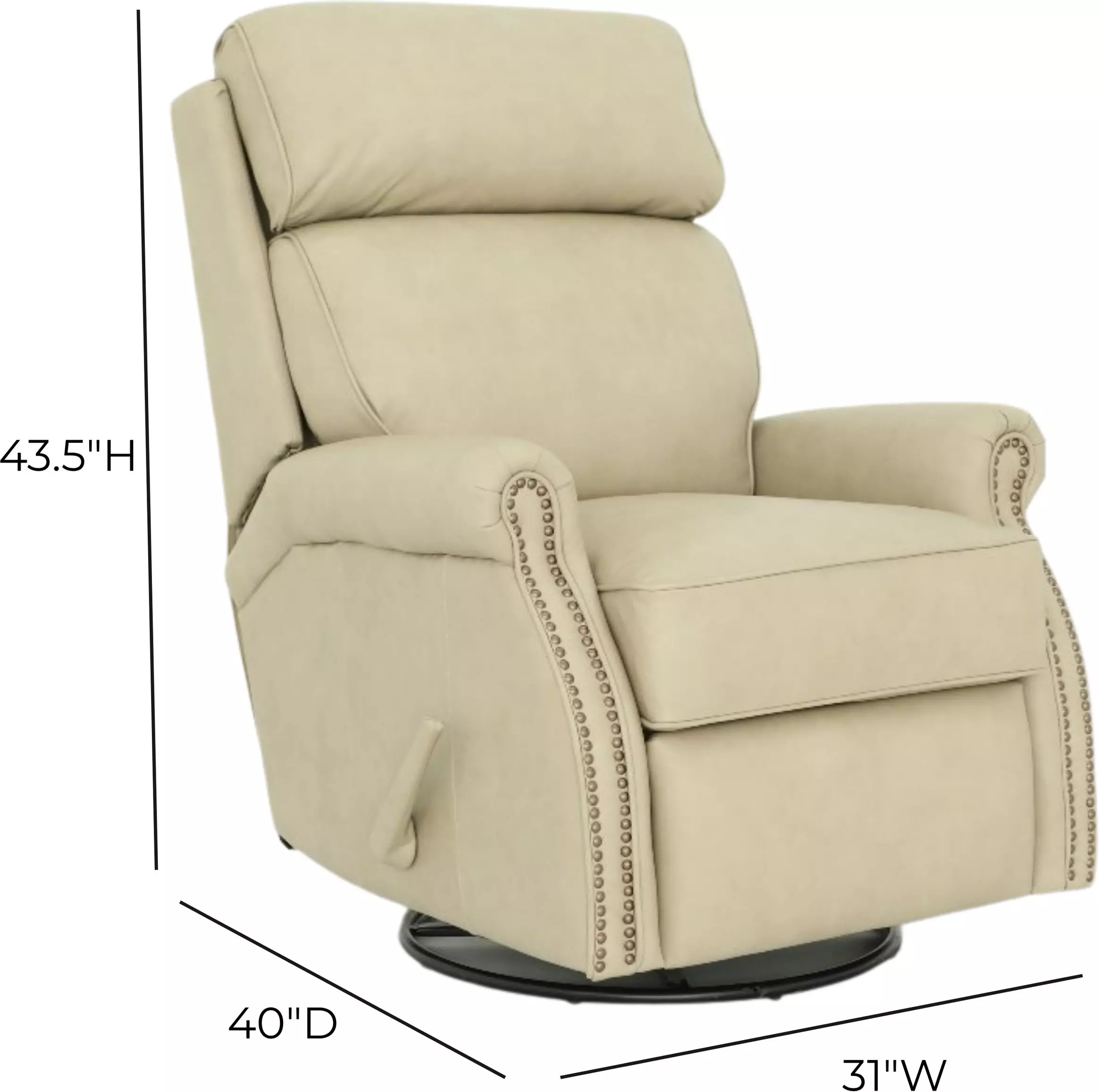 Crews Cashmere Stone Leather Swivel Glider Recliner with Nailhead Trim