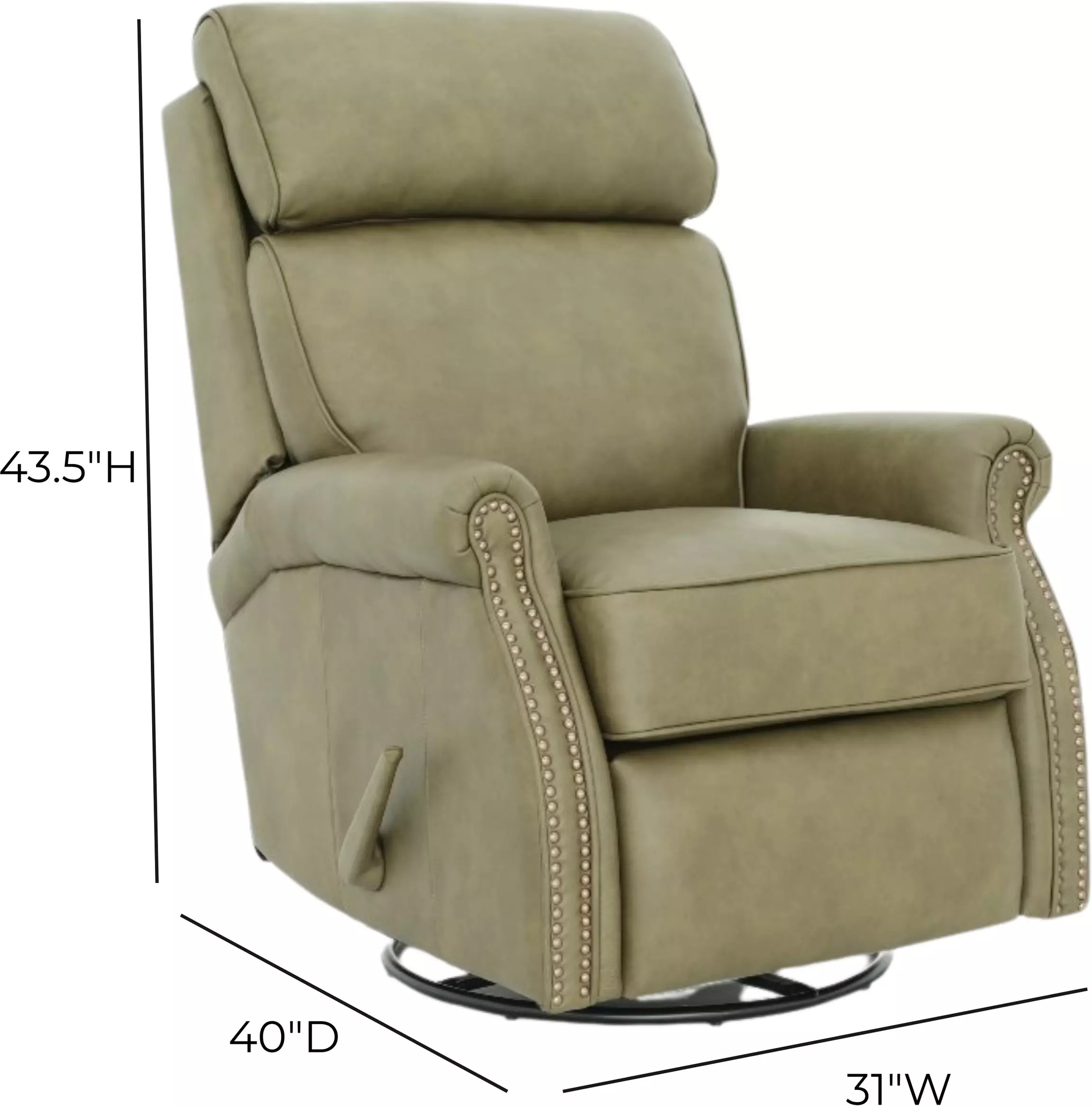 Crews Oasis Olive Leather Swivel Glider Recliner with Nailhead Trim