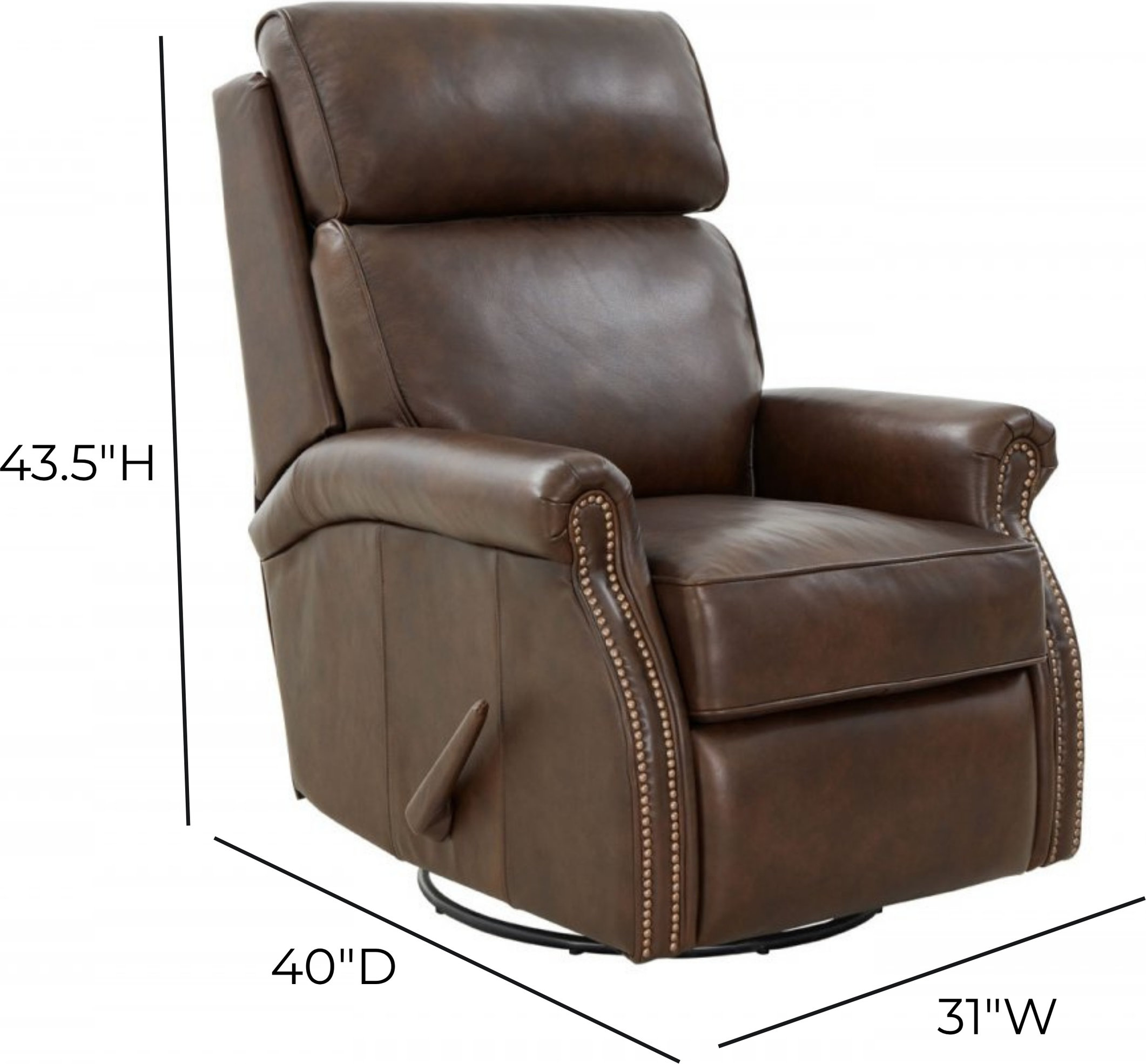 Crews Ashford Walnut Leather Swivel Glider Recliner with Nailhead Trim