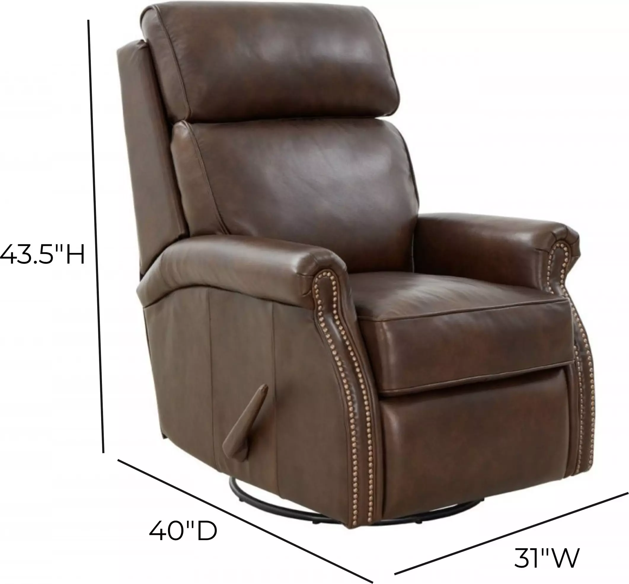 Crews Ashford Walnut Leather Swivel Glider Recliner with Nailhead Trim
