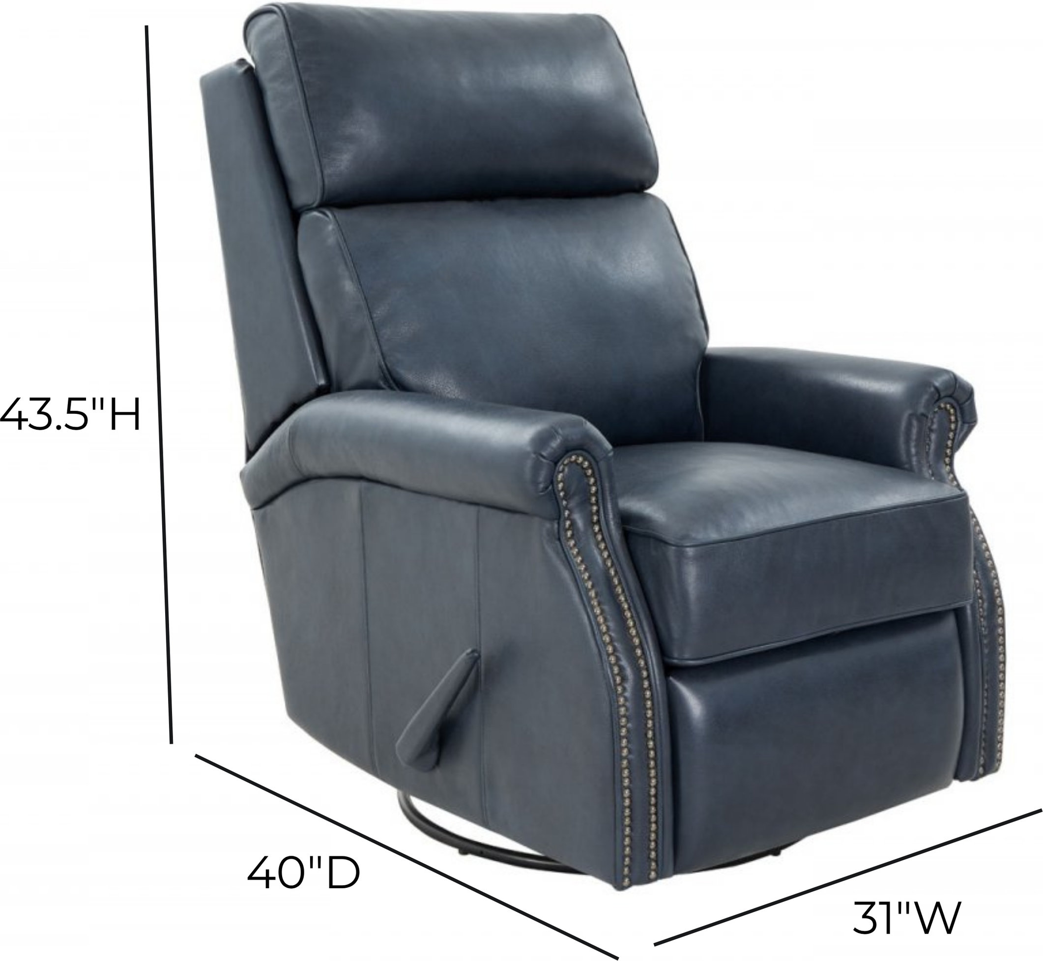Crews Barone Navy Blue Leather Swivel Glider Recliner with Nailhead Trim